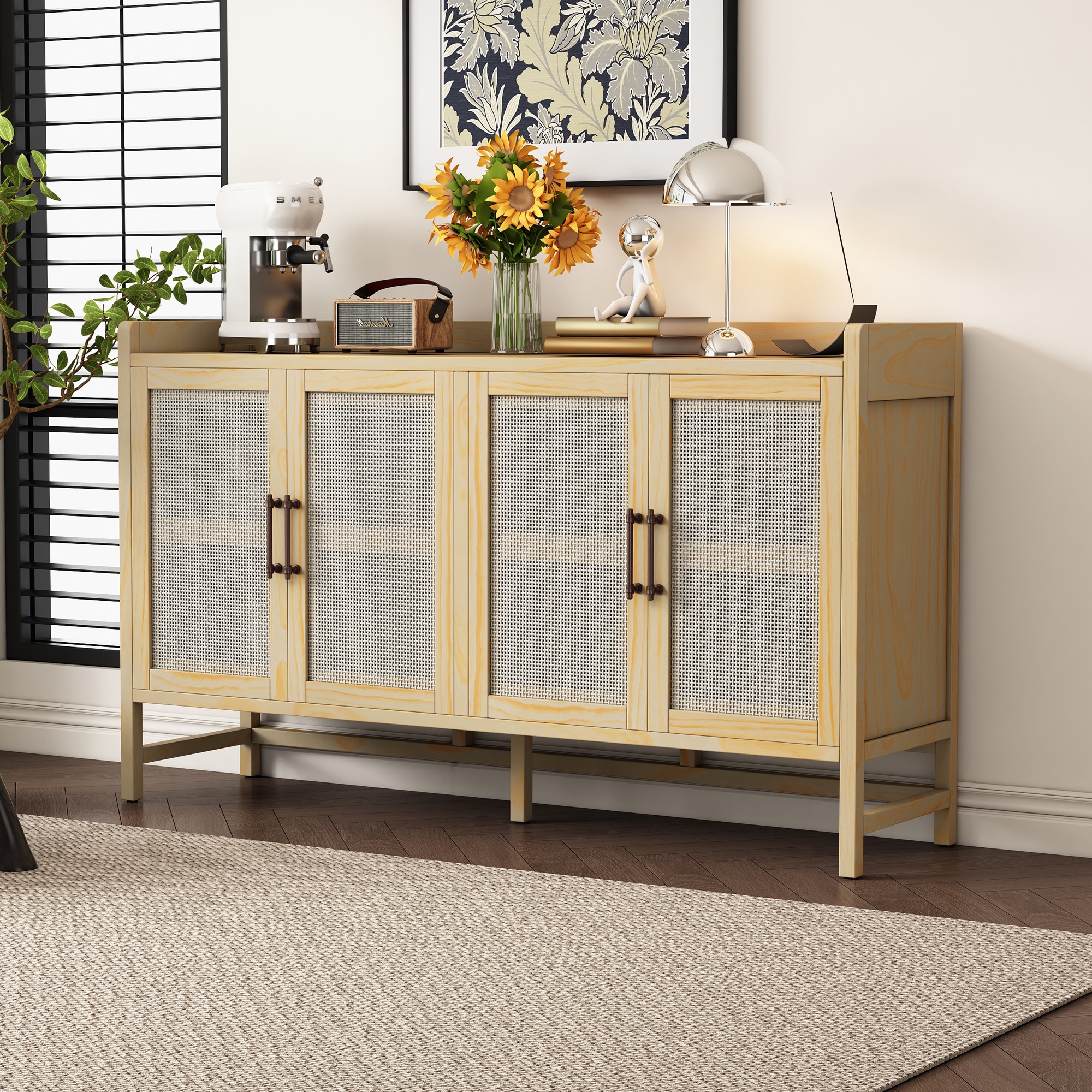 ModernLuxe N715P203848N Sideboard Rustic Buffet Cabinet sideboard cabinet with Decorative Rattan Doors Buffet Cabinet with Storage for Entryway Dining Room Kitchen Living Room Natural