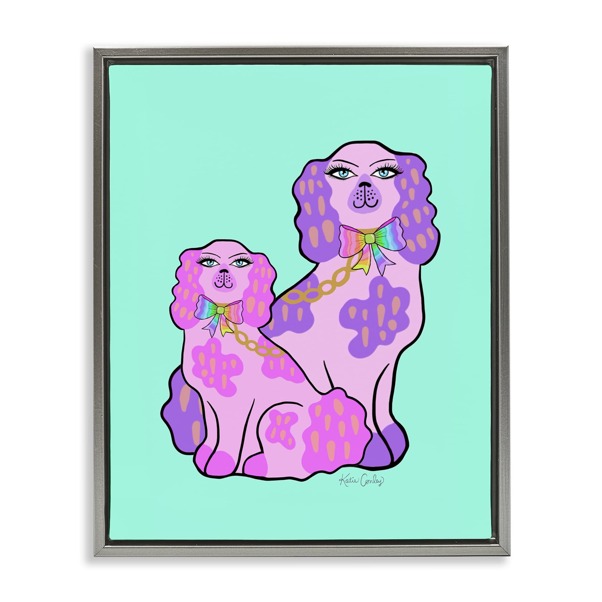 Stupell Industries BS-753-FFL-16X20 Funky Glam Dogs on Turquoise Gray Framed Floater Canvas Wall Art By Katie Conley 17 x 21
