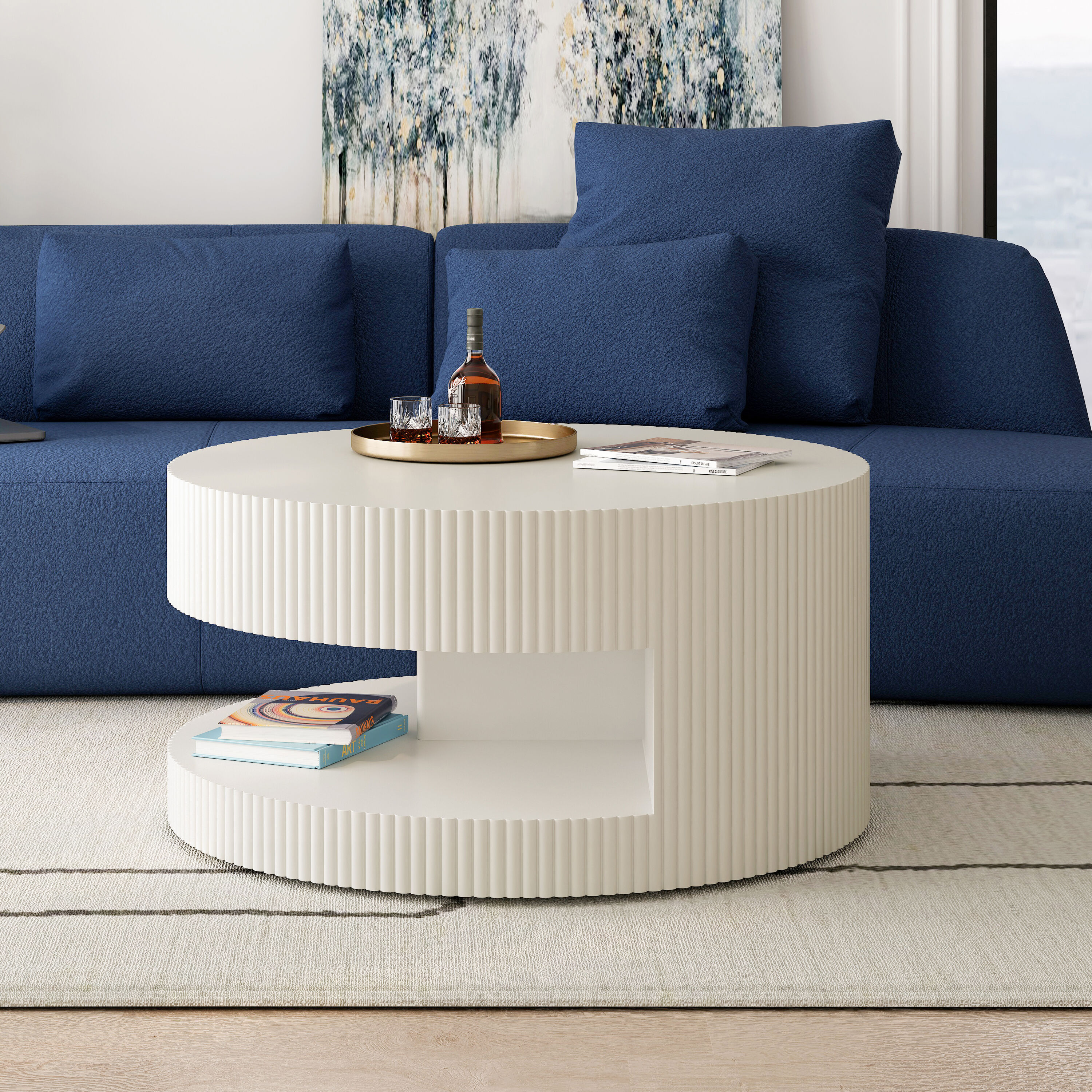 LOVMOR SF-M-W757P206006 31 5inch Round Coffee Table Modern Center Table with Storage Vertical Stripe Design Coffee Table for Living Room Bedroom White