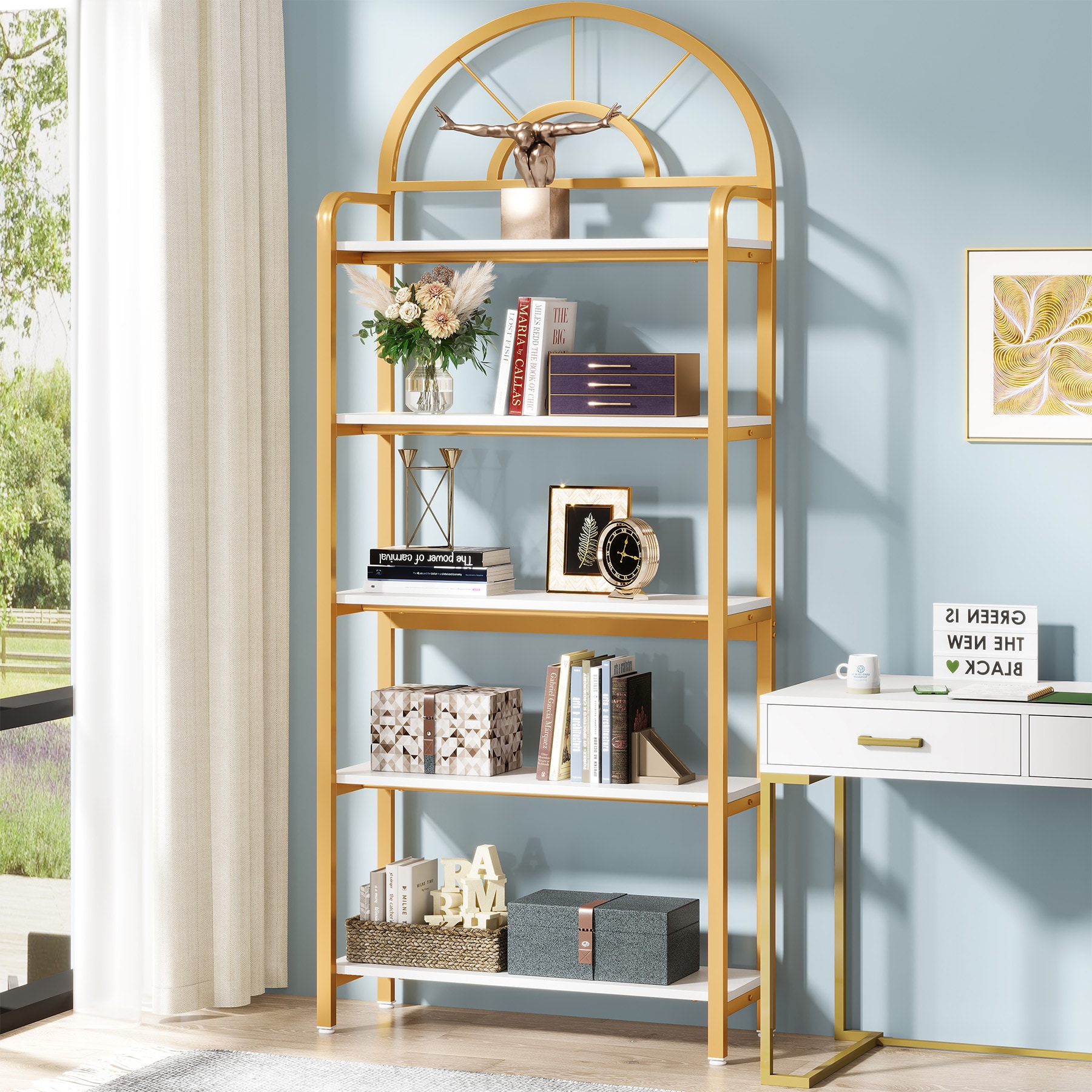 Tribesigns White Gold Metal 5-Shelf Bookcase (31.5-in W x 78.74-in H x ...