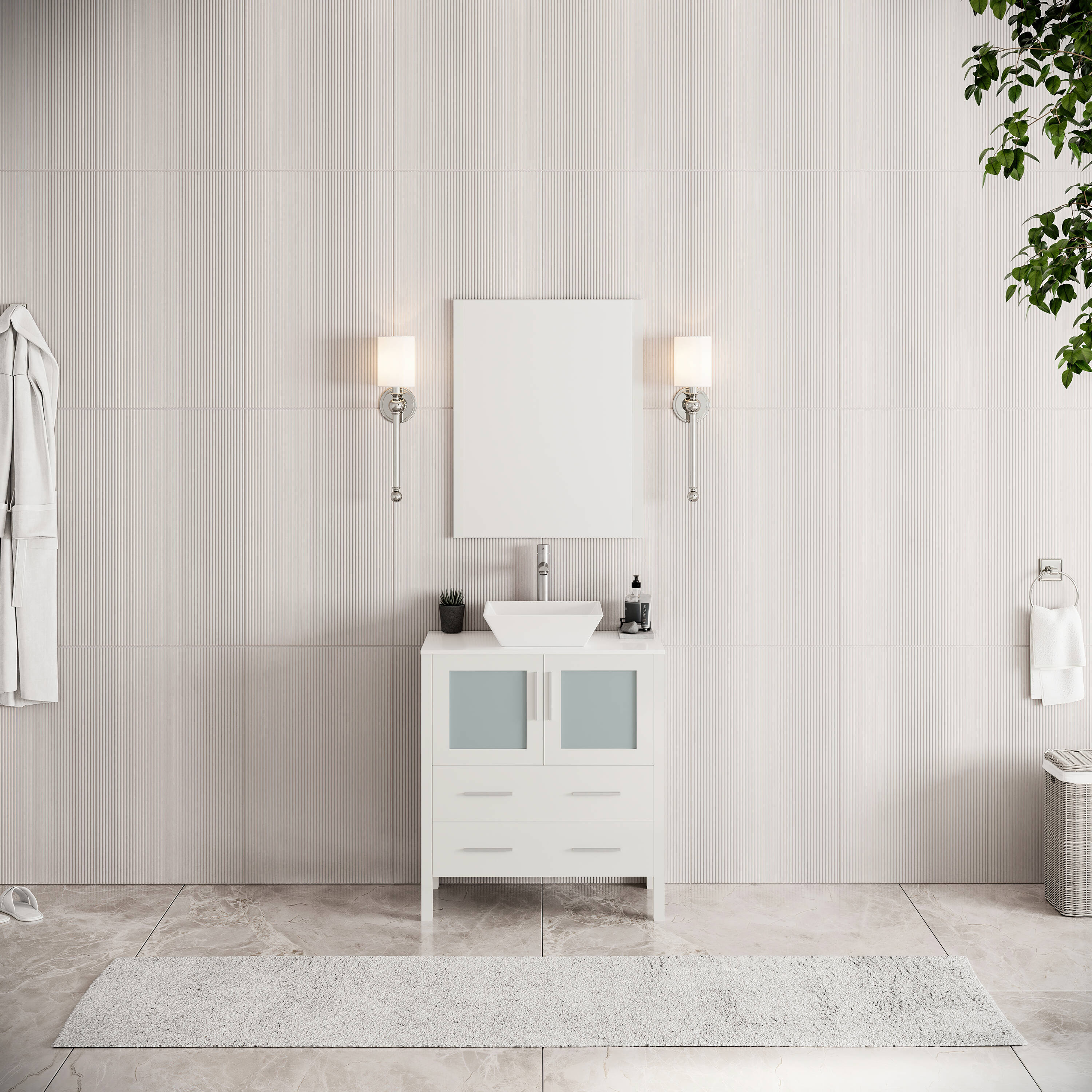 Fresca FVN6230WH-VSL Torino 30-in White Single sink Bathroom Vanity with White Ceramic Top (Mirror Included)