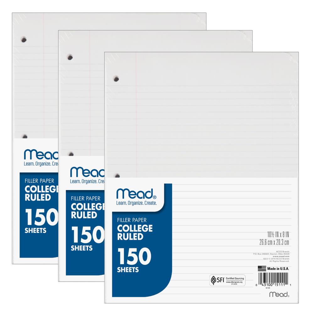 Mead College Ruled Notebook Filler Paper, 150 Sheets Per Pack, 3