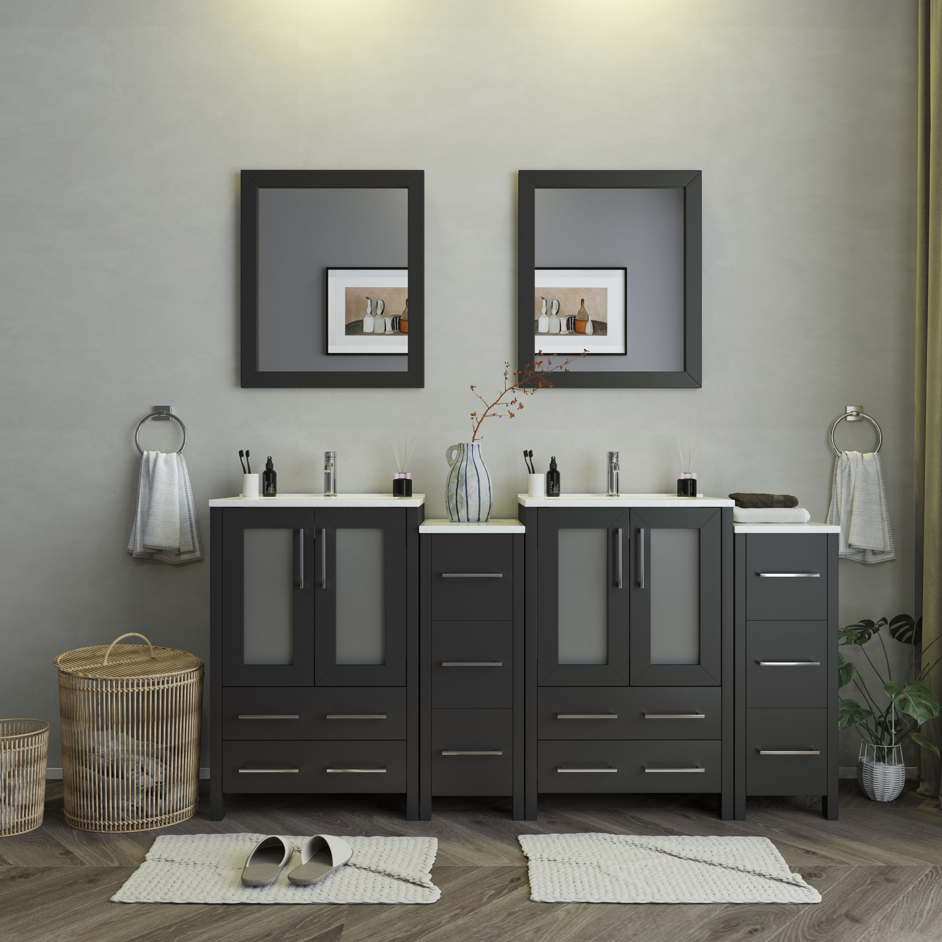 Vanity Art VA3036-96G Grey 96 Double Sink Bathroom Vanity Set with Ceramic Vanity Top