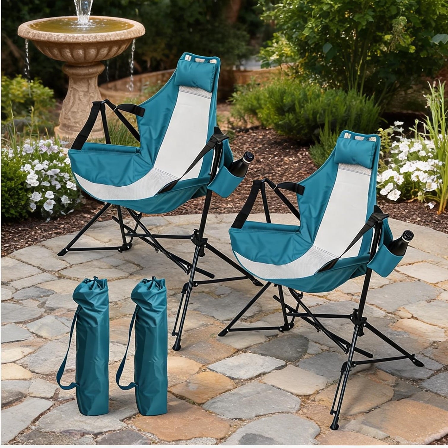 chillscreamni 2-Piece Blue Hammock Rocking Chair Set with Aluminum Alloy Frame and Adjustable Recline for Outdoor Lounging | 6GX52ZLOZ7R5