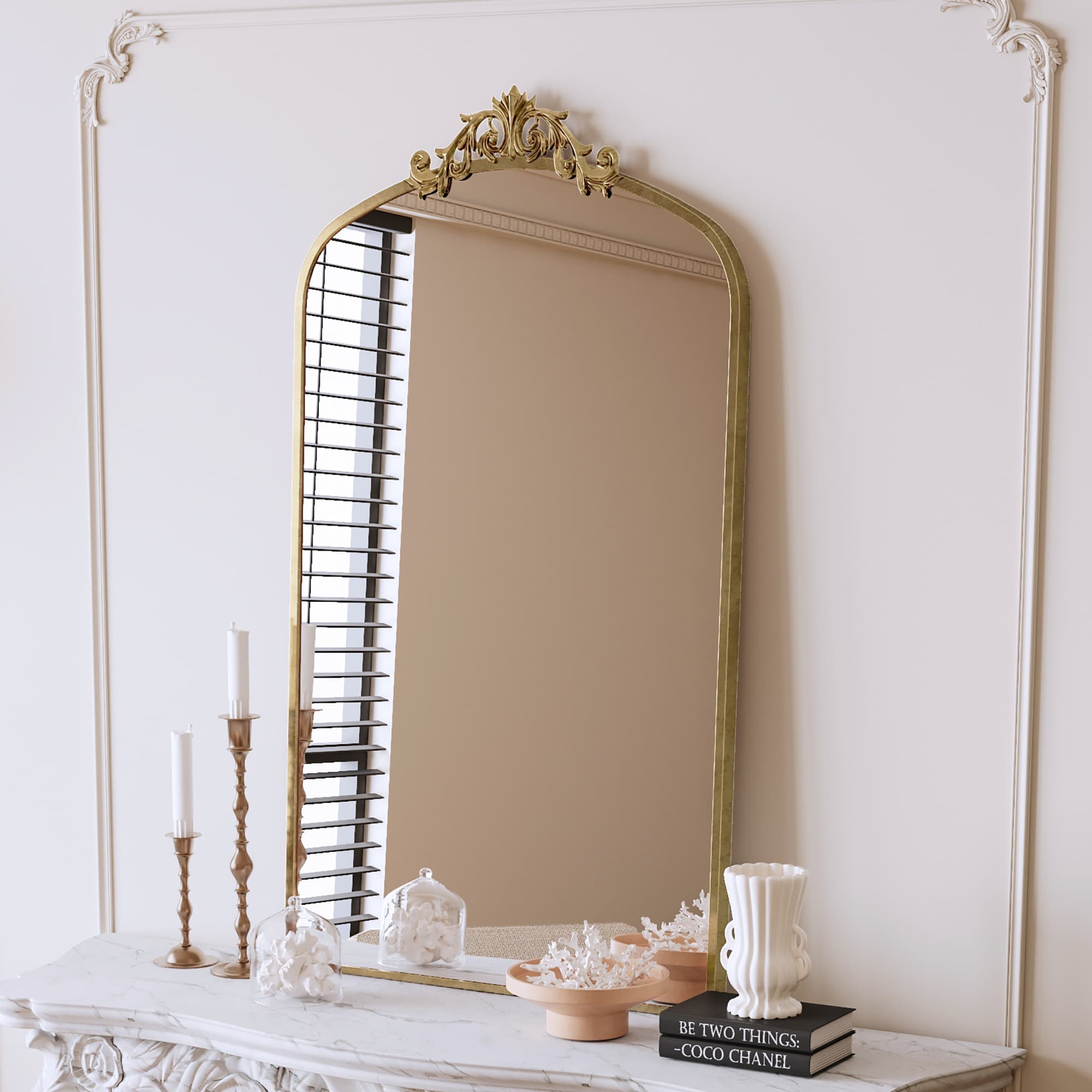 KWPZQEB Arched Wall Mirror 24-in Wx43-in H Bathroom Mirror Vanity Mirror for Living Room Bathroom Fireplace Wall Decor-Antique Bronze