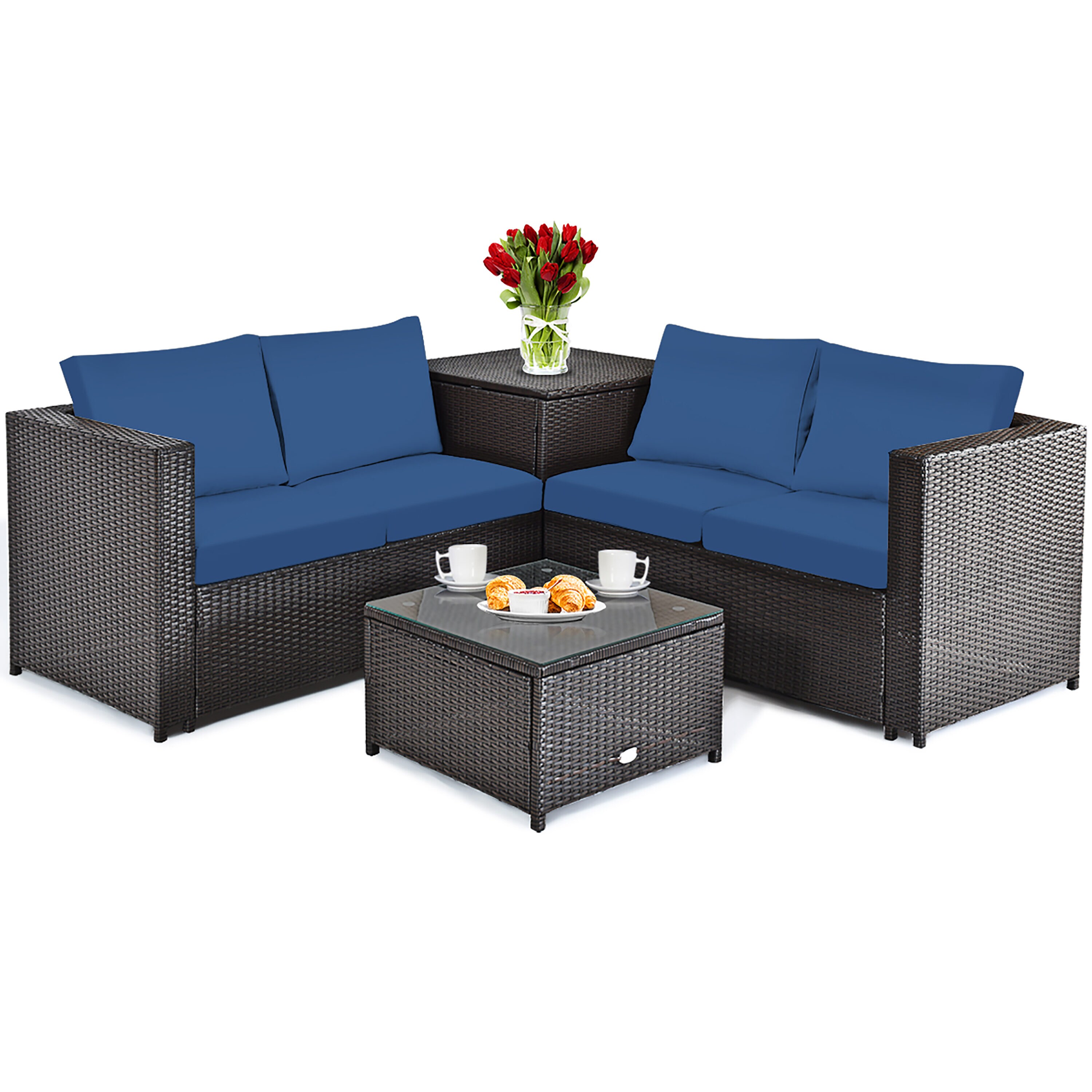 Costway HW66714NY+ 4 -Piece Rattan Patio Conversation Set with Blue Cushions