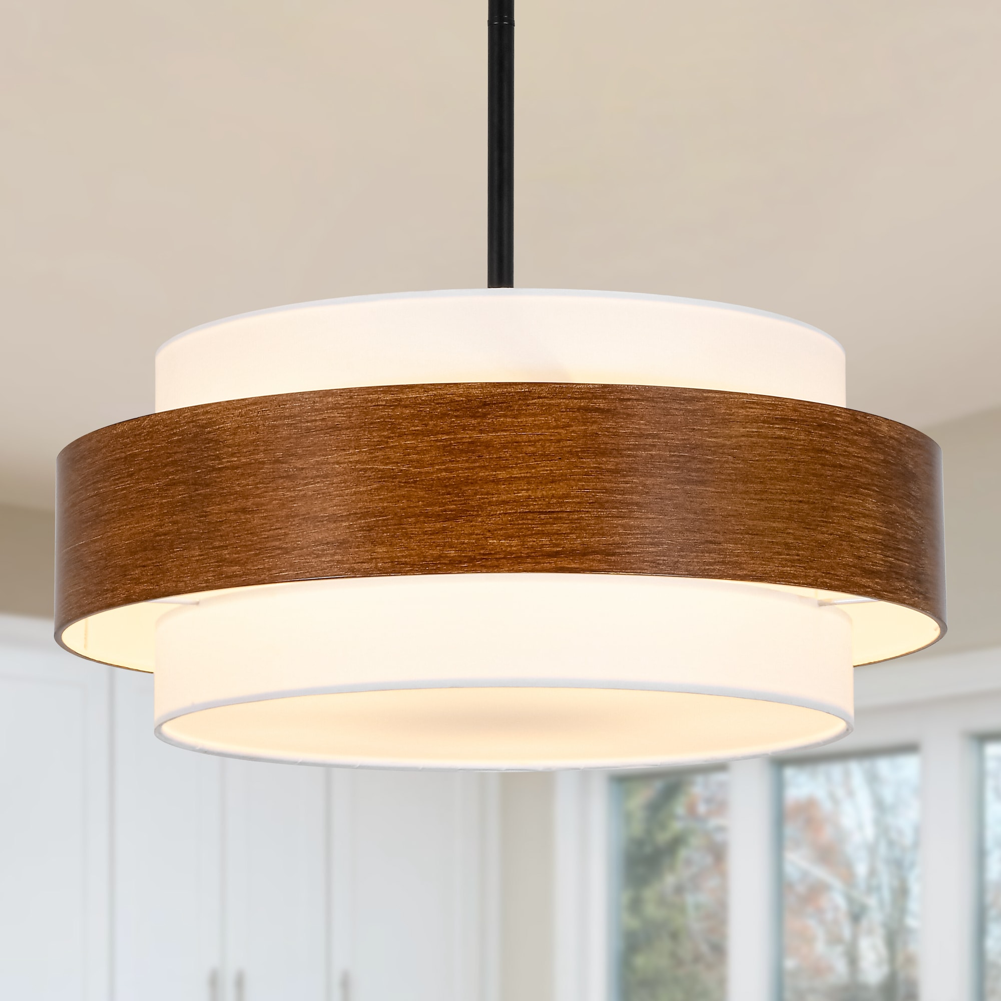 Zjvaive 19.68-in 5-Light Matte Black And Brown Mid-Century 3-Tier White Fabric Drum Chandelier