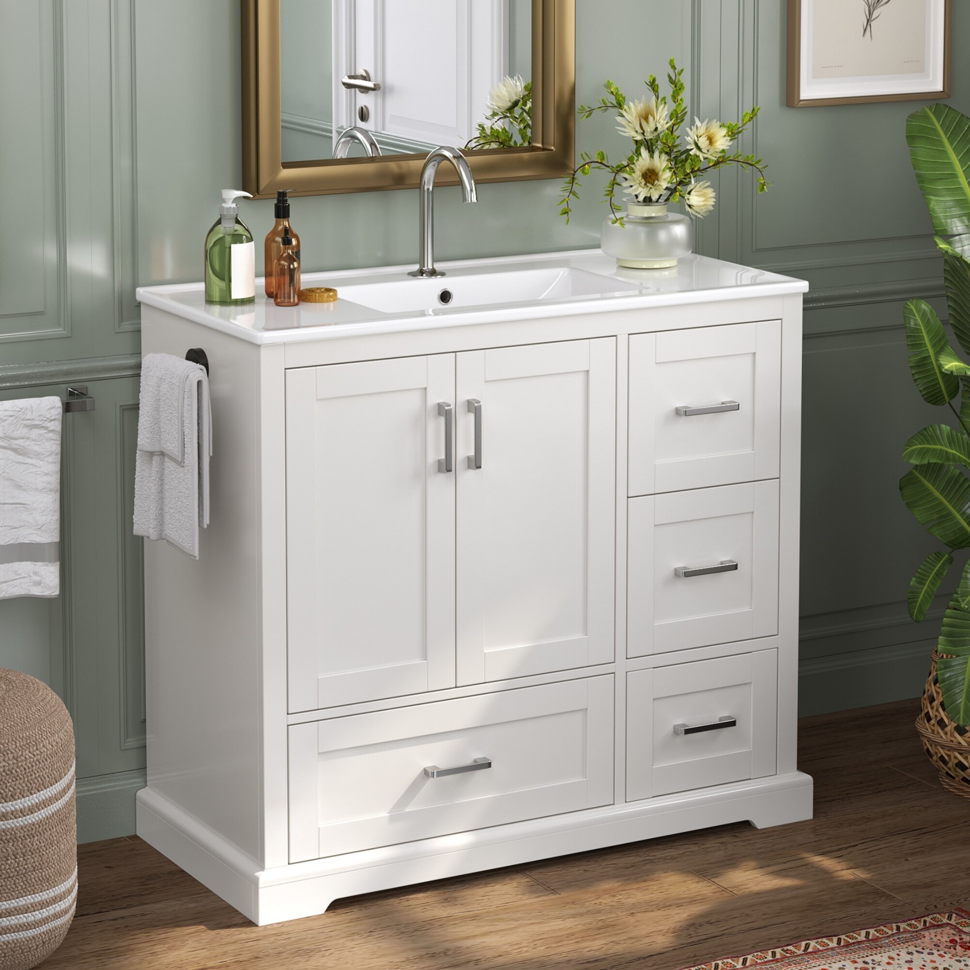 LUXEYARD 42 Inch White Bathroom Vanity with Ceramic Sink Freestanding Cabinet with 4 Drawers Top 2 with Dividers