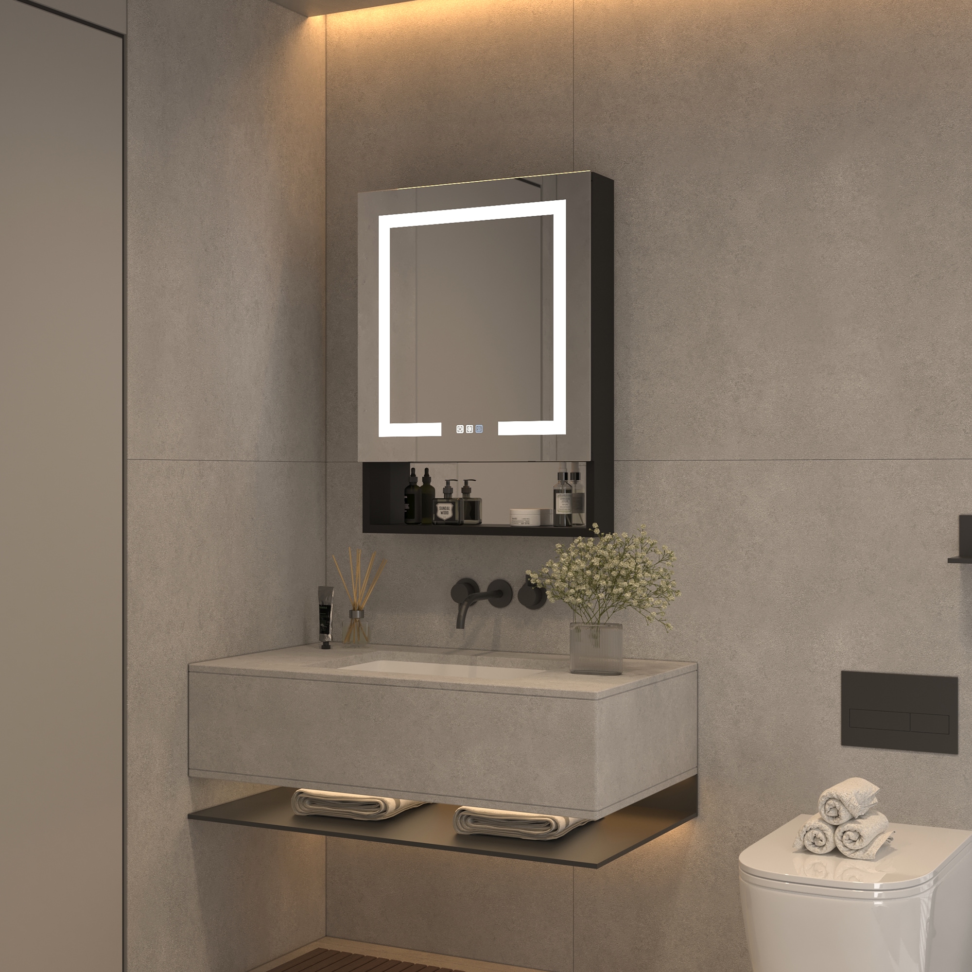AAZJ V5 24-in x 32-in Lighted LED Fog Free Surface/Recessed Mount Black Mirrored Soft Close Medicine Cabinet