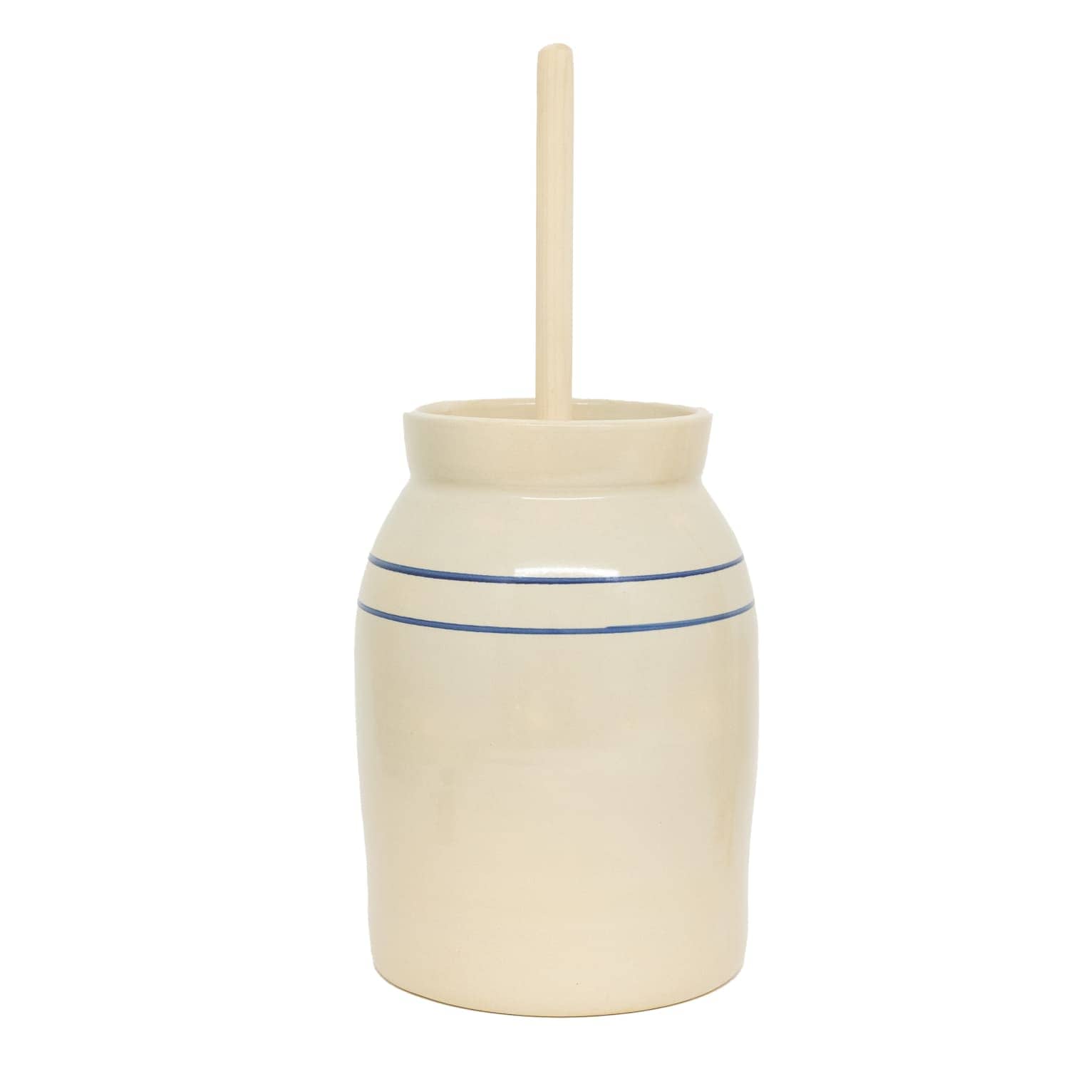 Lehman's 1125400 Martinez Pottery Butter Churn - Hand-Turned Stoneware Dasher-Style Churn - Natural Stone Color with Blue Stripes