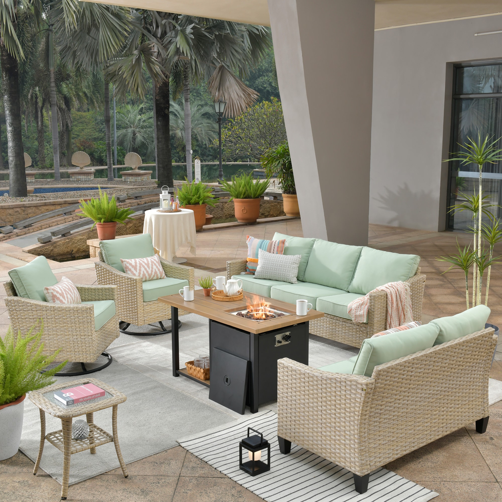 XIZZI XIDARL9064-RC3DFP Aries 6-Piece Rattan Patio Sofa Conversation Set with Green Cushions
