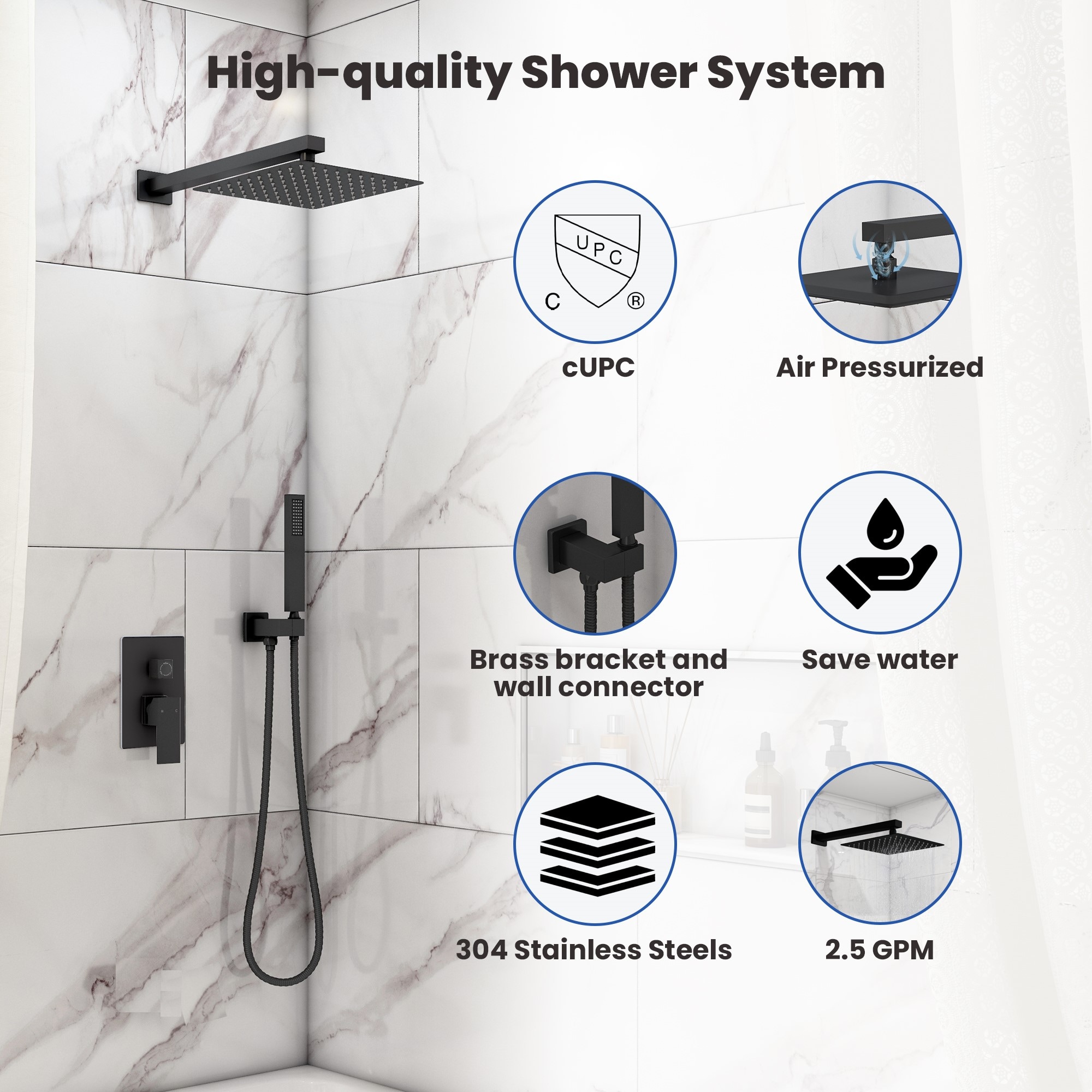 Mondawe AM-S0082C-10MB Matte Black 10-in Built-In Shower Faucet System with 2-way Diverter ( Pressure-balanced Valve Included )