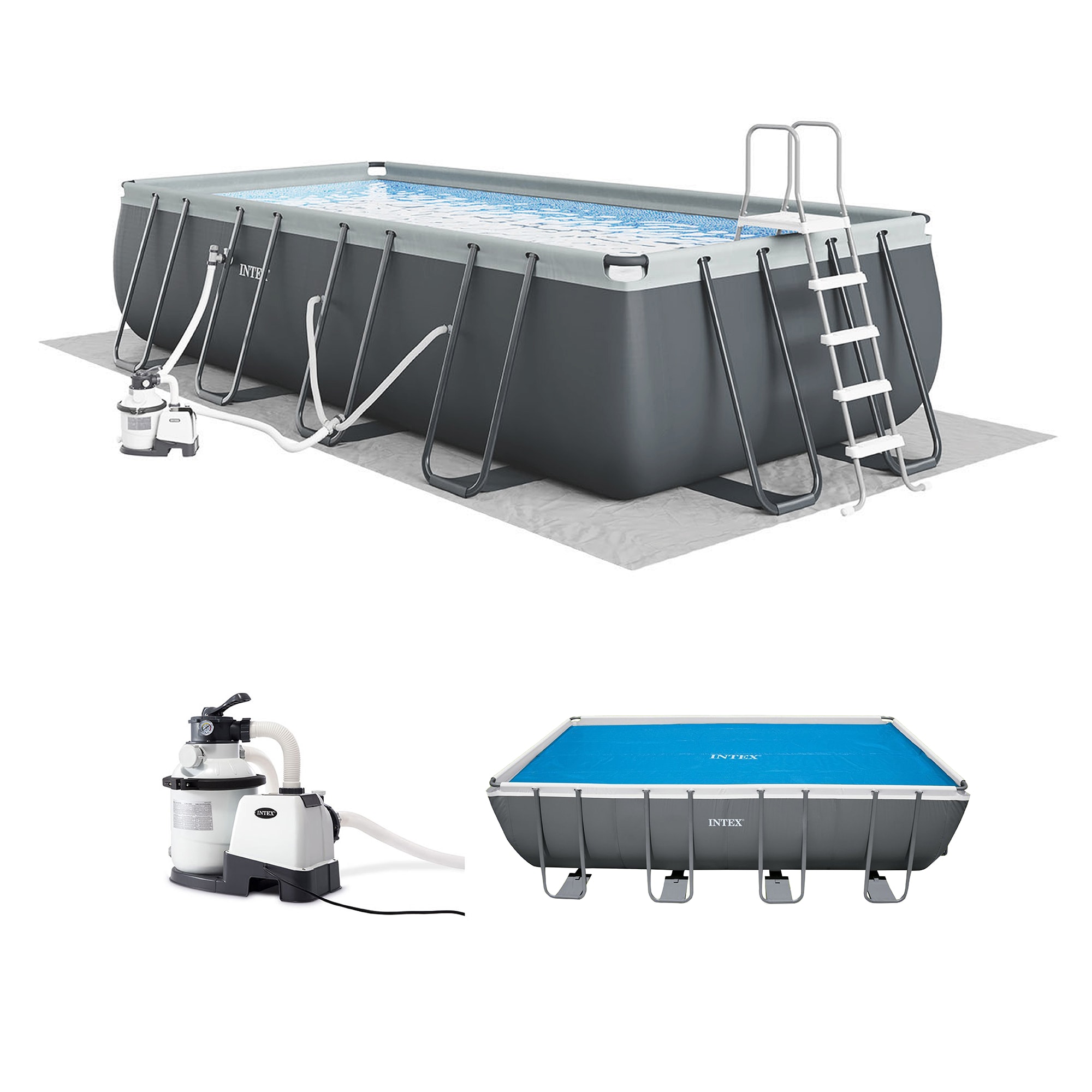 Intex 175068 18-ft x 9-ft x 52-in Steel wall panels Rectangle Above-Ground Pool with Filter Pump with Ground Cloth with Pool Cover with Ladder