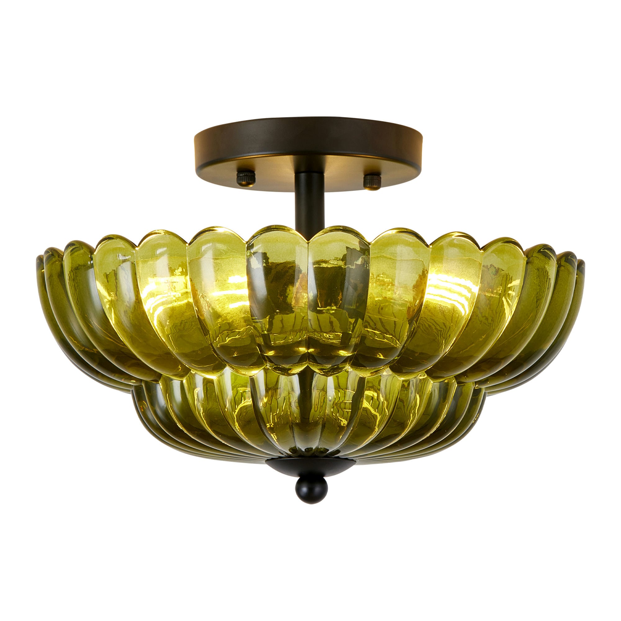 Taoi Fxio 11.8 inch Kitchen Ceiling Light 3-Light Semi Flush Mount Ceiling Lamp with Flower Glass Vintage Close to Ceiling Light Fixtures for Bathroom Bedroom Hallway Entryway Green Spray Paint