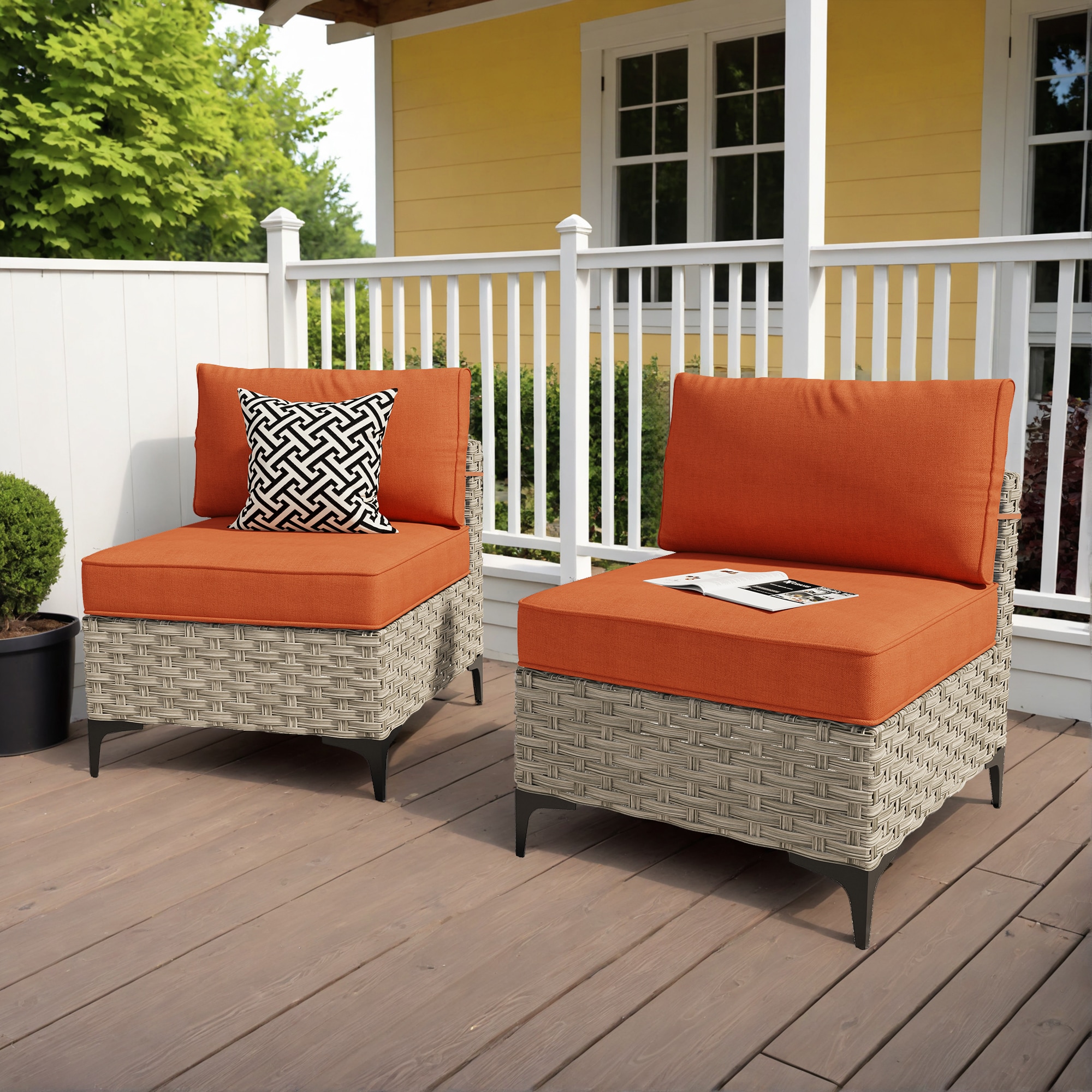 XIZZI XISKT8C021 Amber Set of 2 Rattan Beige Frame With Bold-Strip Orange Red Cushions Metal Frame Stationary Conversation Chair with Orange Cushioned Seat