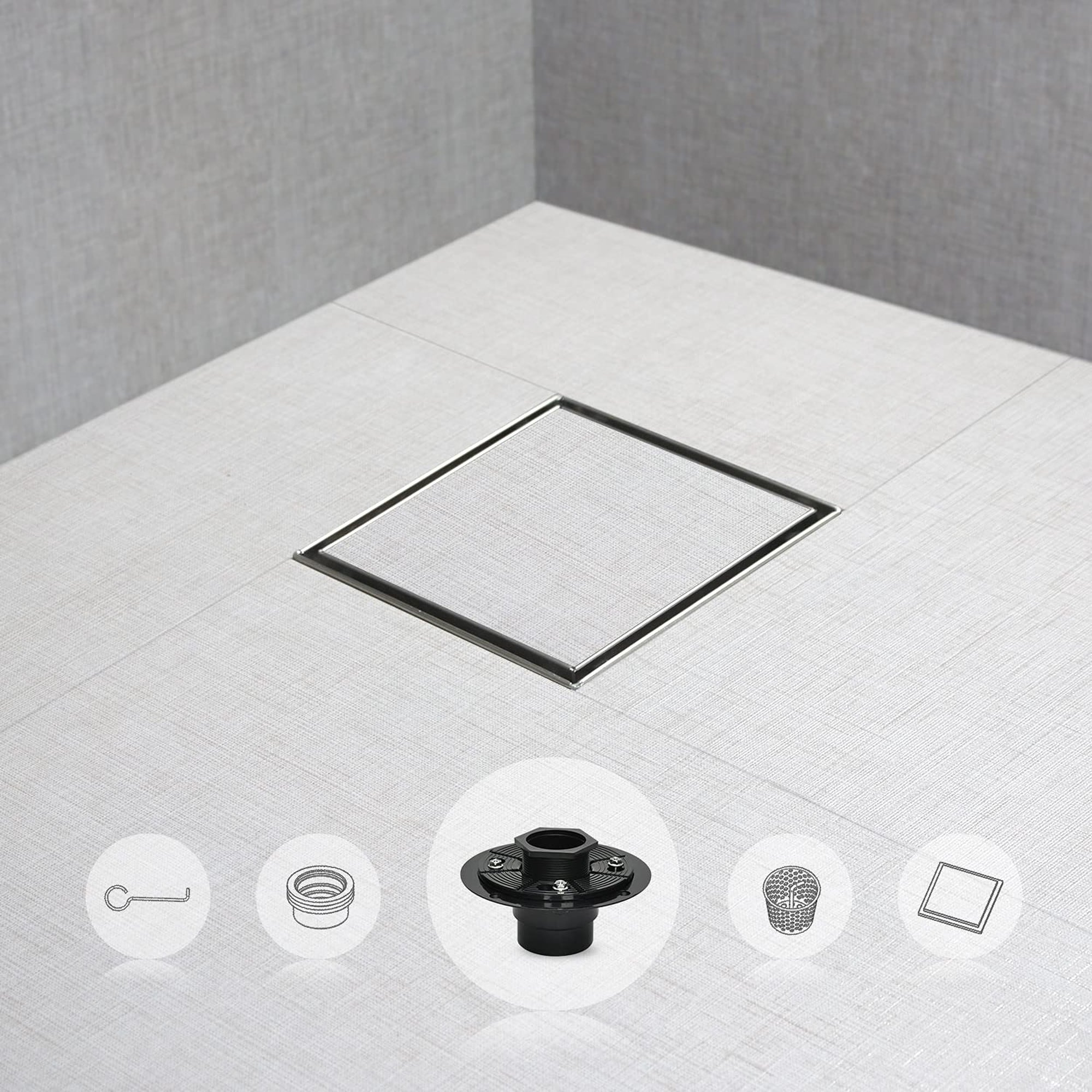 Numhew - 6in W 2 in 1 Brushed Chrome Square Shower Drain with Base