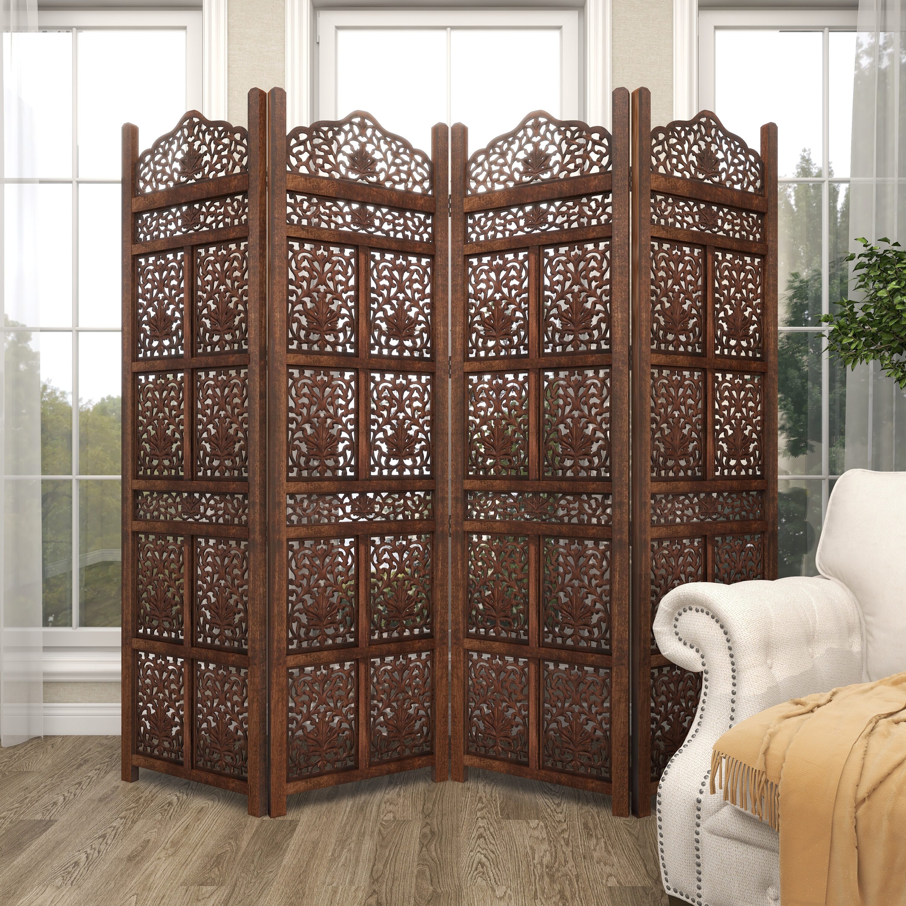 Grayson Lane 23782 4 -Panel Brown Handmade Hinged Foldable 4 Panel with Intricately Carved Designs Wood Folding Traditional Style Room Divider