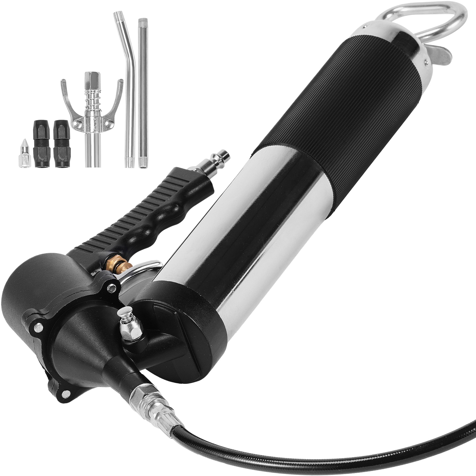 SVOPES SVOPESQD18IN603682V0 Air-Powered Grease Gun. 6000 PSI. 14 OZ/400 CC Capacity. Durable Pneumatic Tool with 18.5-Inch Flexible Hose. Includes Black Flat Coupler. Pointed Coupler. Bent Metal Pipe. and Locking Clamp Coupler