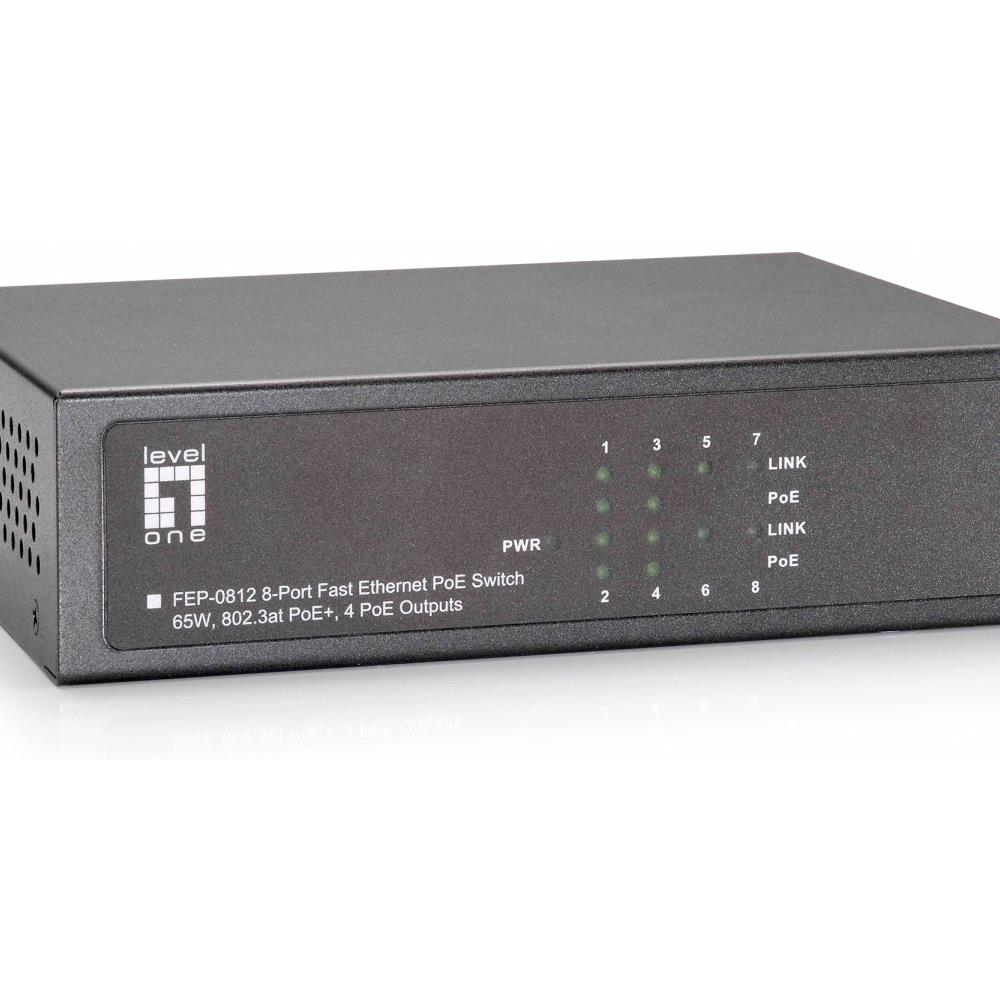  TCNCD387880 LevelOne LVL1-FEP-0812 8-Port Fast Ethernet PoE Switch- 802.3AT-AF PoE- 4 PoE Outputs- 65W
