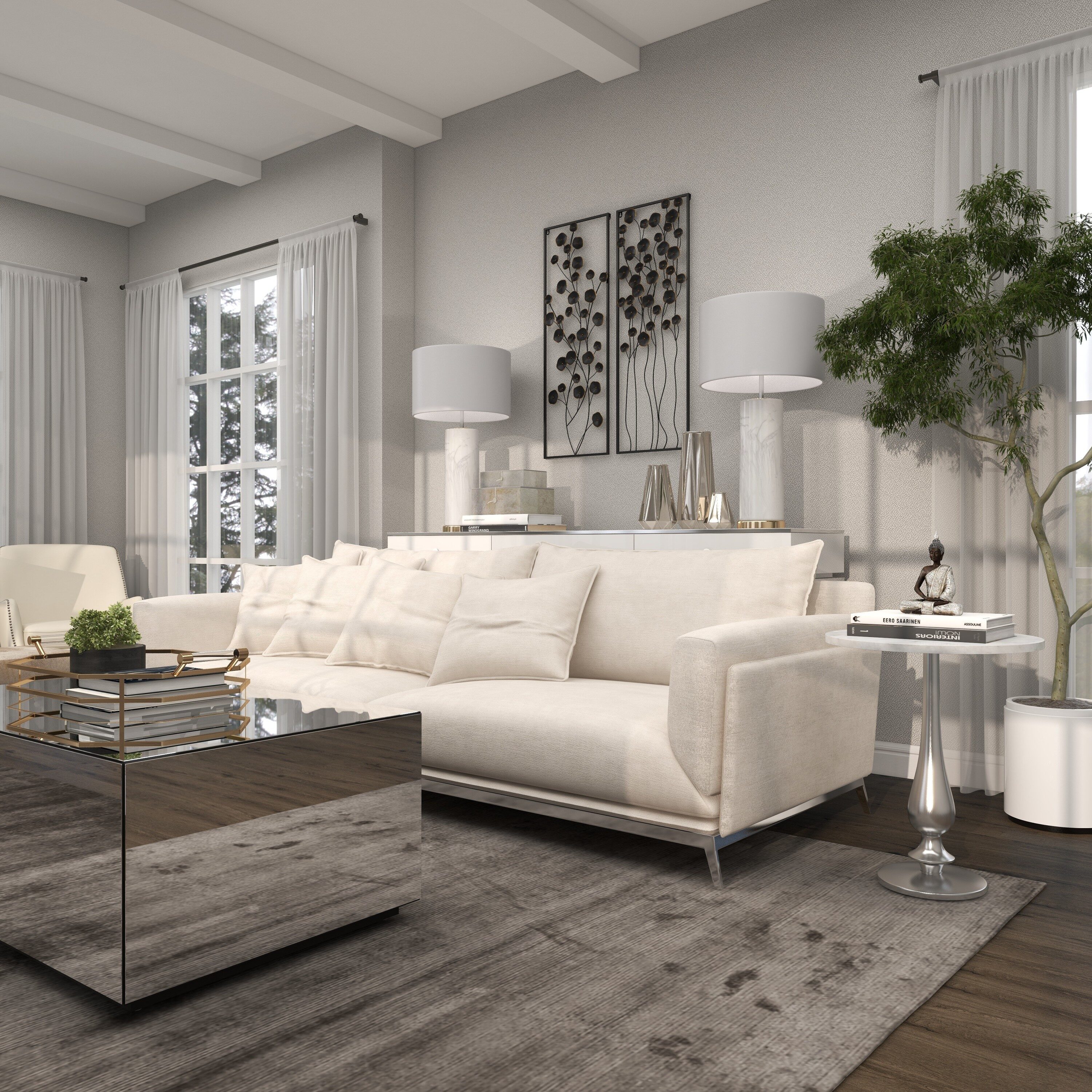 White Marble and Silver Aluminum Round Accent Table