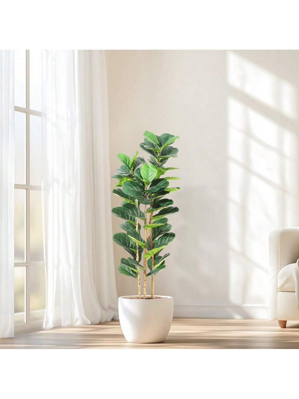 Qeetex PHO-34HX48UC-HF3 7FT Faux Fiddle Leaf Fig Tree with White Pot. Faux Trees with Artificial PlantsLifelike Fake Tree for Home Office Store Room Decor Indoor Outdoor