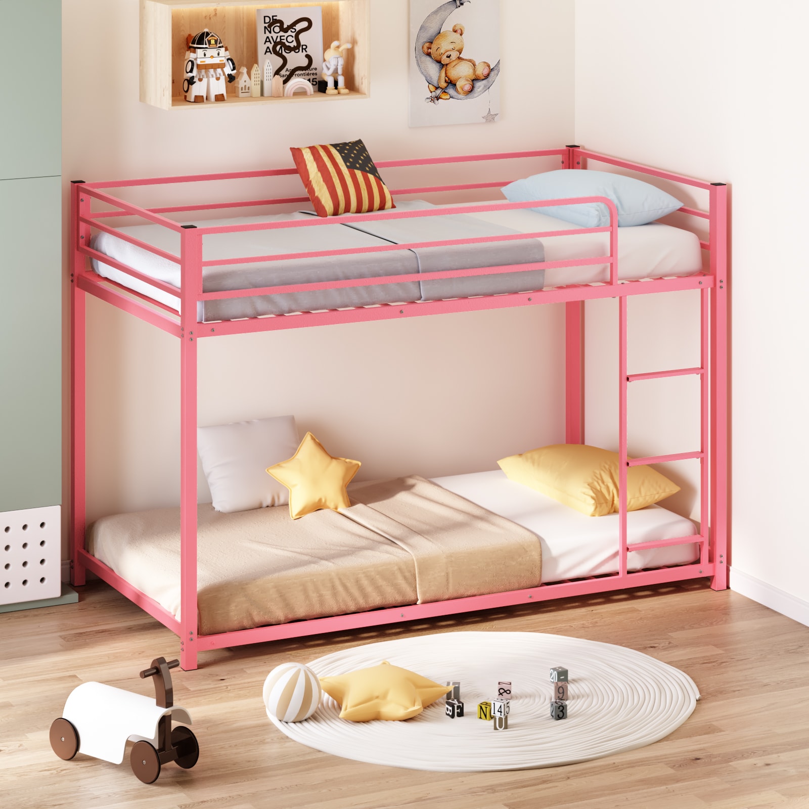 JOYMOR 78L x 61W x 54H Full Over Full Metal Bed Frame with Safety Guardraild Pink (Mattress Not Included)