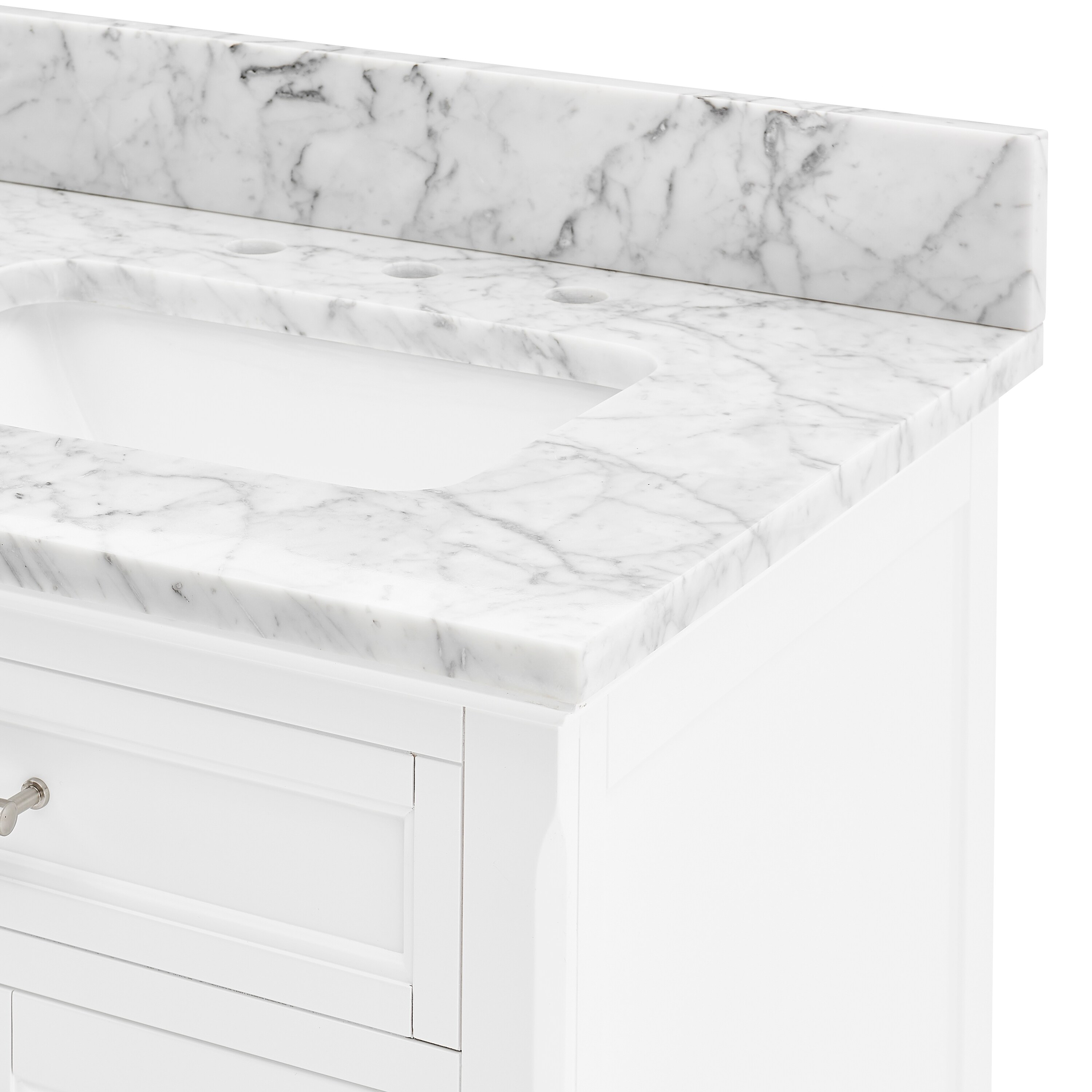 ᐅ【WOODBRIDGE London 60Bathroom Vanity with Engineered Marble White Carrara  Color top 8 faucet holes, Double Rectangle Undermount Sinks, 4 Soft Closing  Doors and 3 full Extension Dovetail Drawers