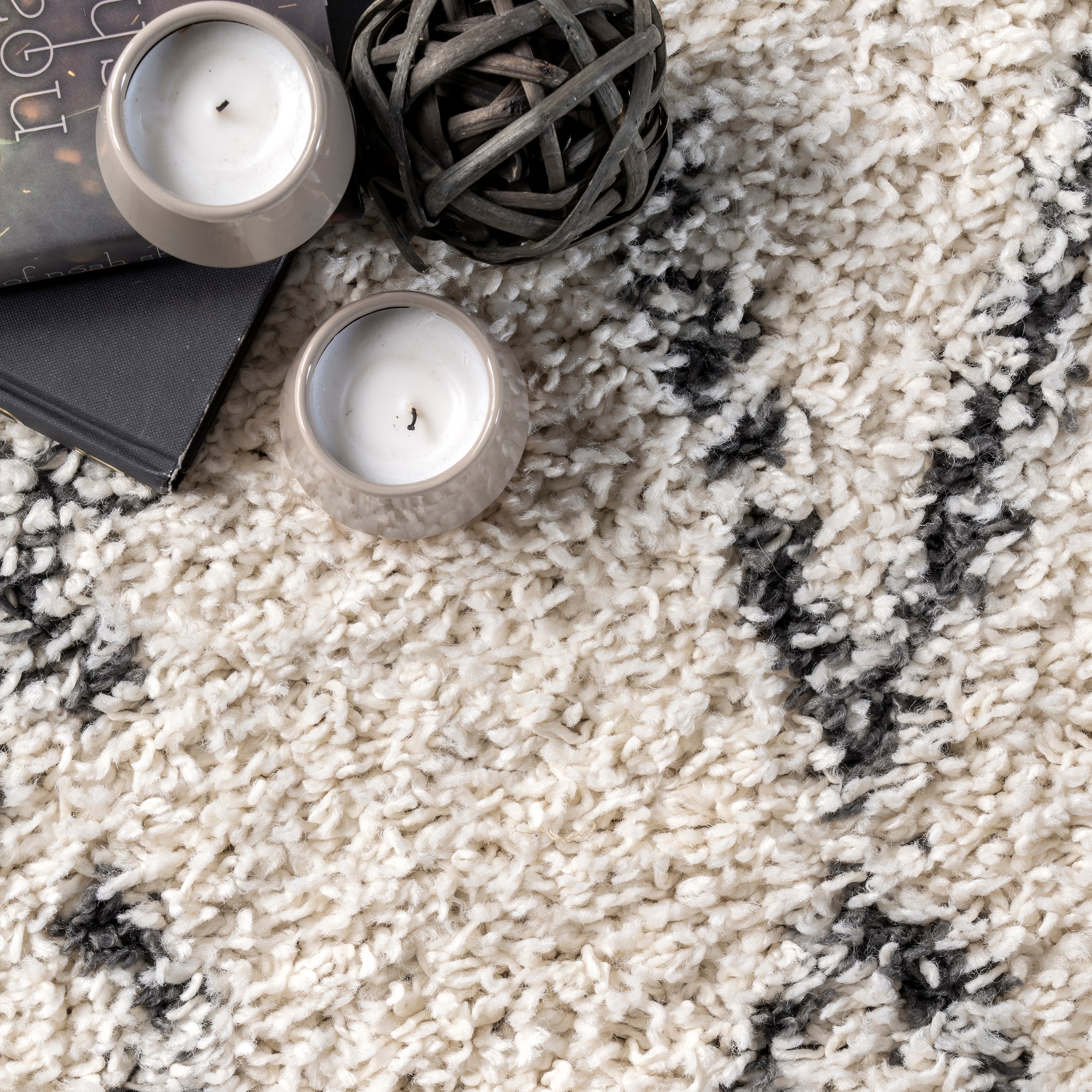 Off-White Geometric Shag Runner Rug, 2' 8" x 8'