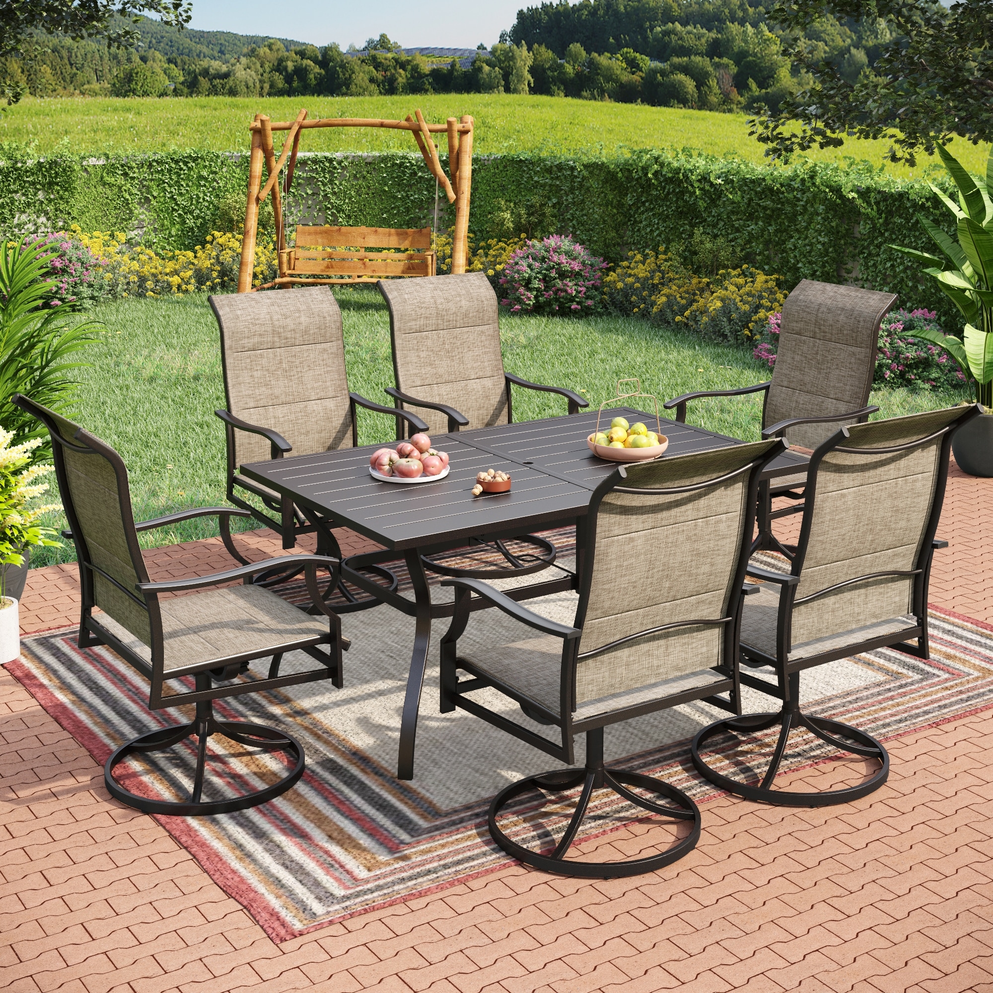 Sunshine Valley TC7-PV326-116-N Outdoor Table and Chairs 7 -Piece Black Patio Dining Set Steel Rectangle Table with 6 Gray Swivel Chairs