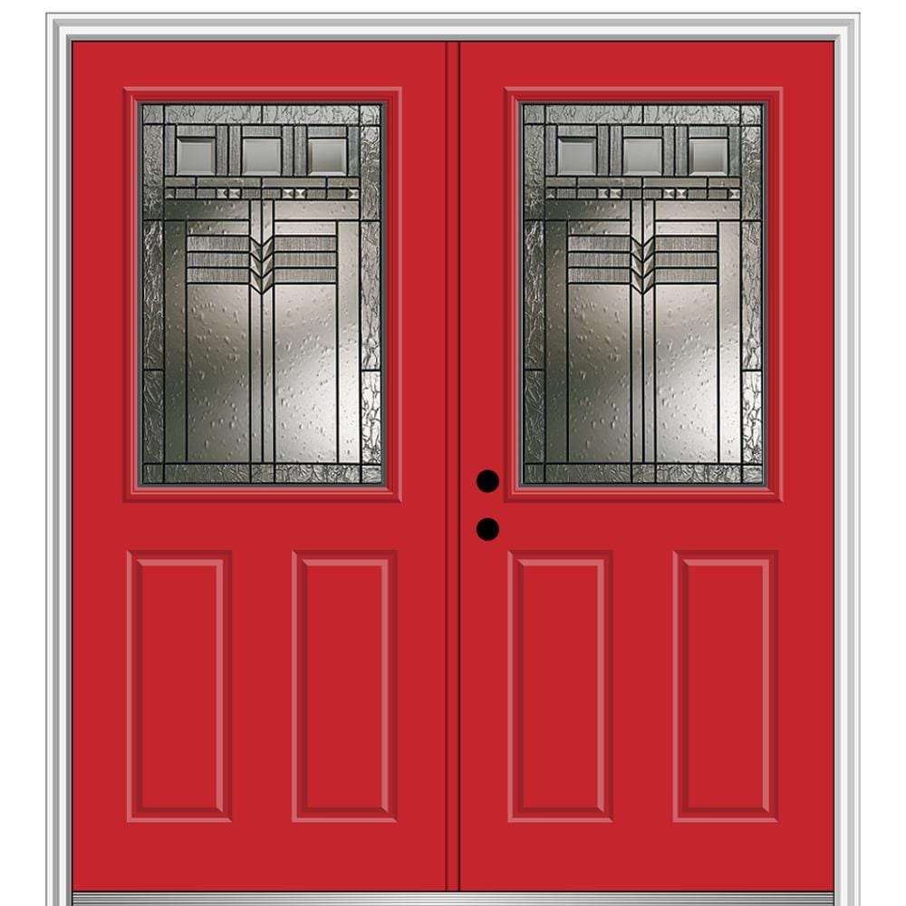 MMI DOOR ZZ3665147R 72-in x 80-in x 6-9/16-in Fiberglass Half lite Right-hand inswing Red Saffron Painted Prehung Double Front Door with Brickmould Insulating core