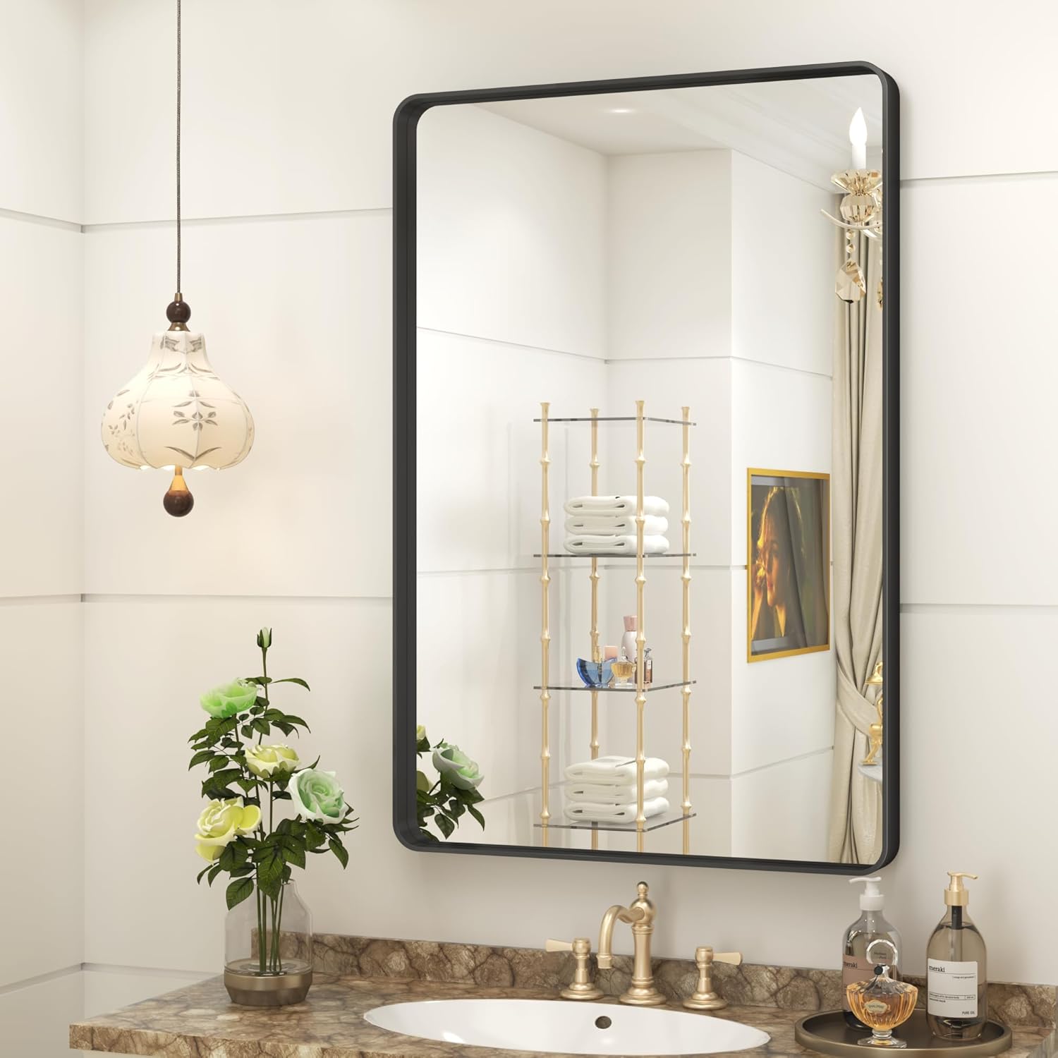 30x20 Inch French Cleat Install Matte Black Aluminum Alloy Framed Tempered Glass Bathroom Mirror