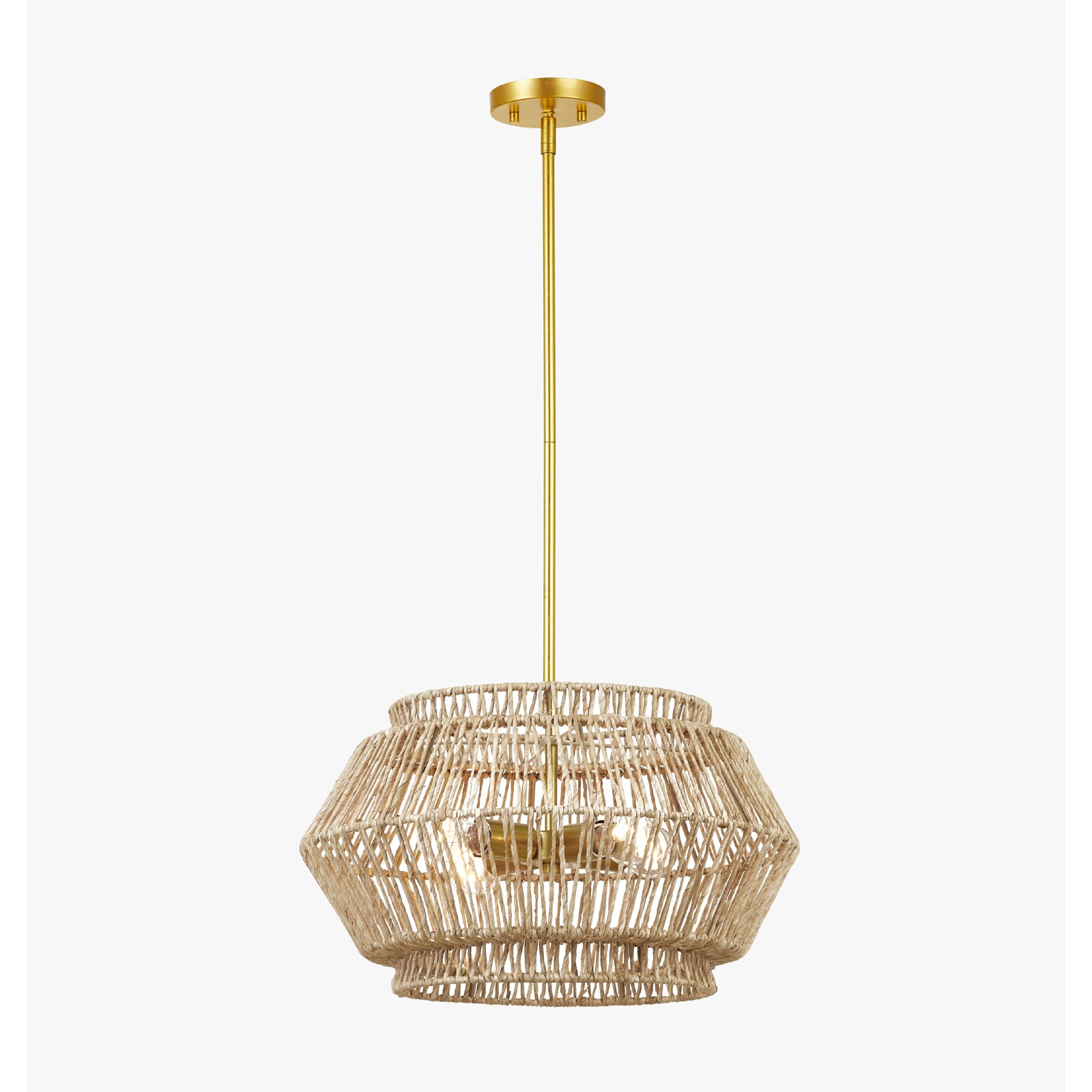 KAWOTI 21177 Rattan 4-Light Distressed Gold Craftsman Geometric Hanging Pendant Light