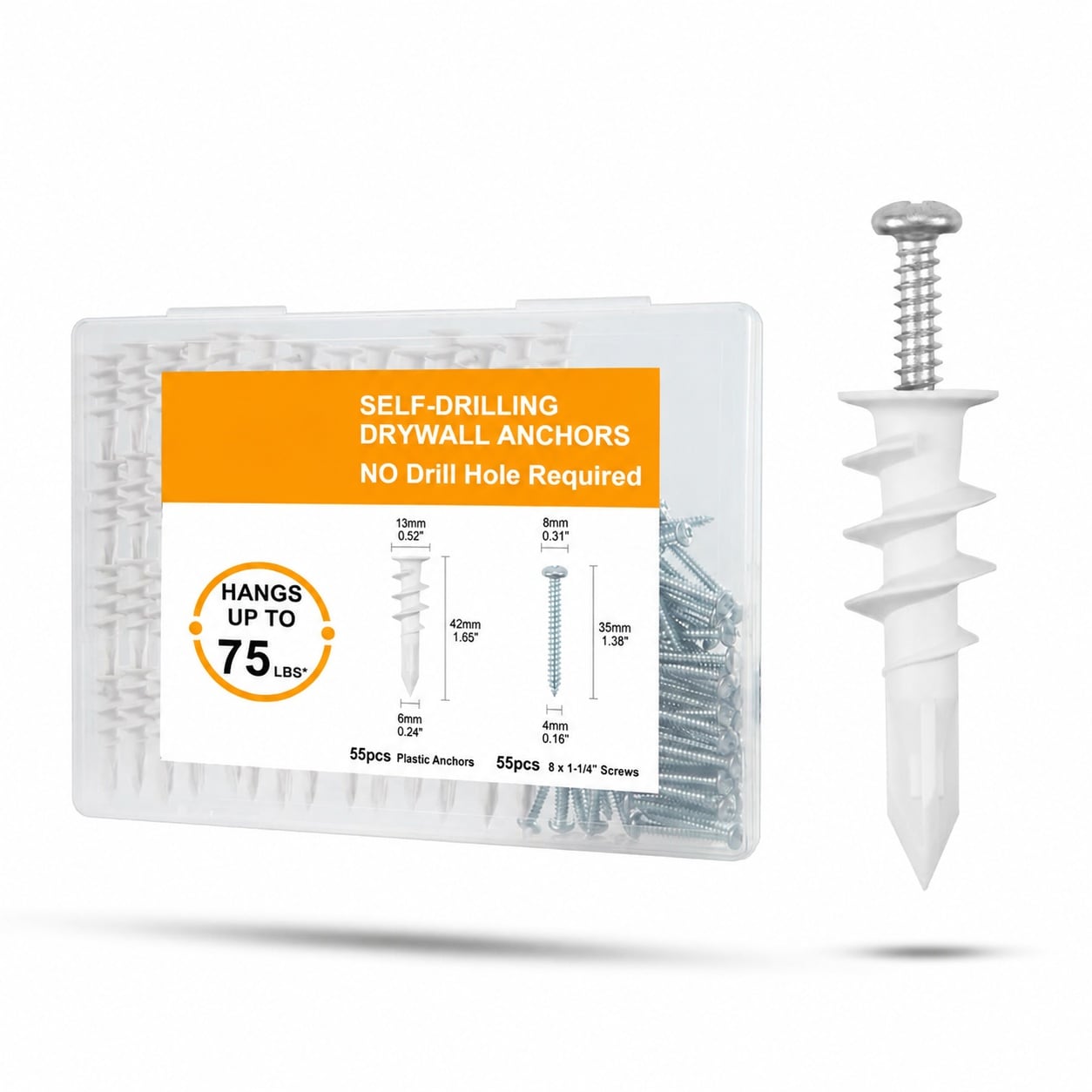 AKSCYZM  Self Drilling Drywall Anchors Screw Kit 55 Sets with Nylon Sheetrock Anchors and Stainless Steel Screws for Drywall Hanging