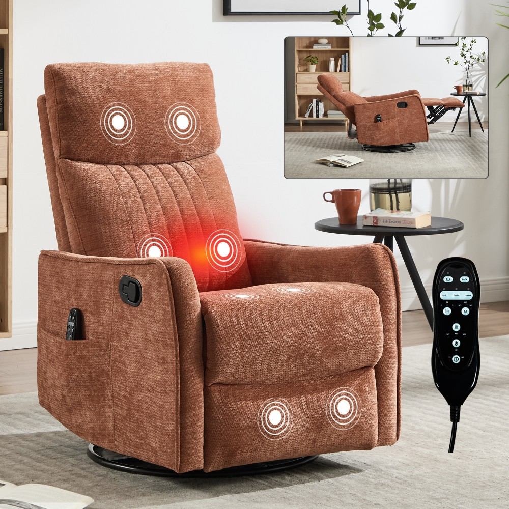 Coolbibila JOE-SWIVEL-ORANGE Orange Manual Chenille Swivel Recliner Chair with Handle Heat Massage and Cushion for Living Room