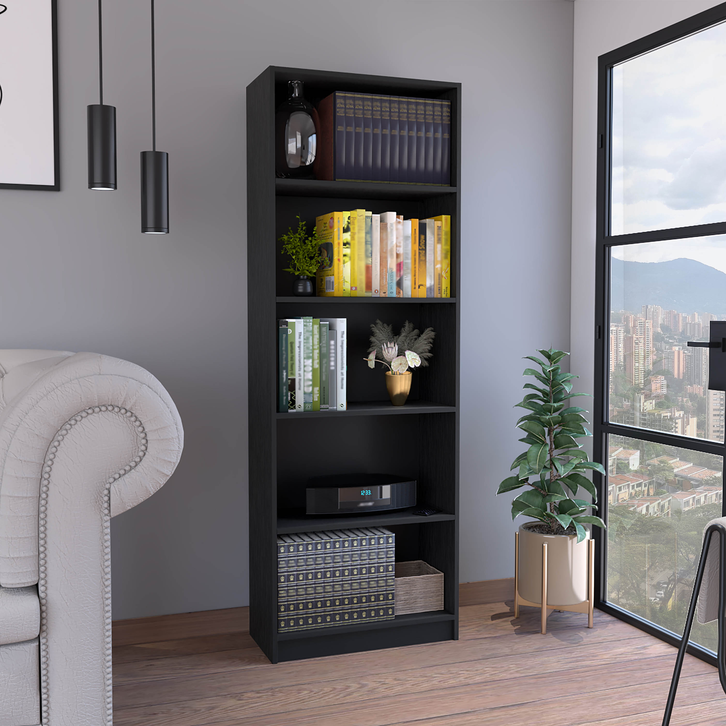 LOVMOR SF-Y-B097P167419 Vinton 4-Tier Bookcase with Modern Storage for Books and Decor Black