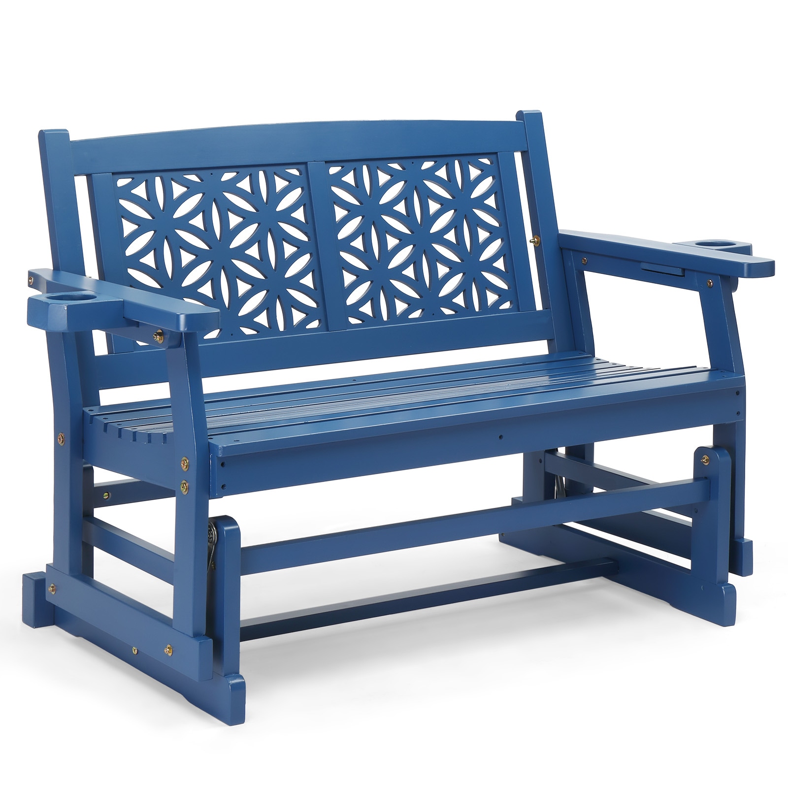 VINGLI 4FT Fir Wood Outdoor Glider with Floral Backrest/Wooden Patio Gliding Bench with Cup Holders/Smooth Rocking Chair for Garden Blue