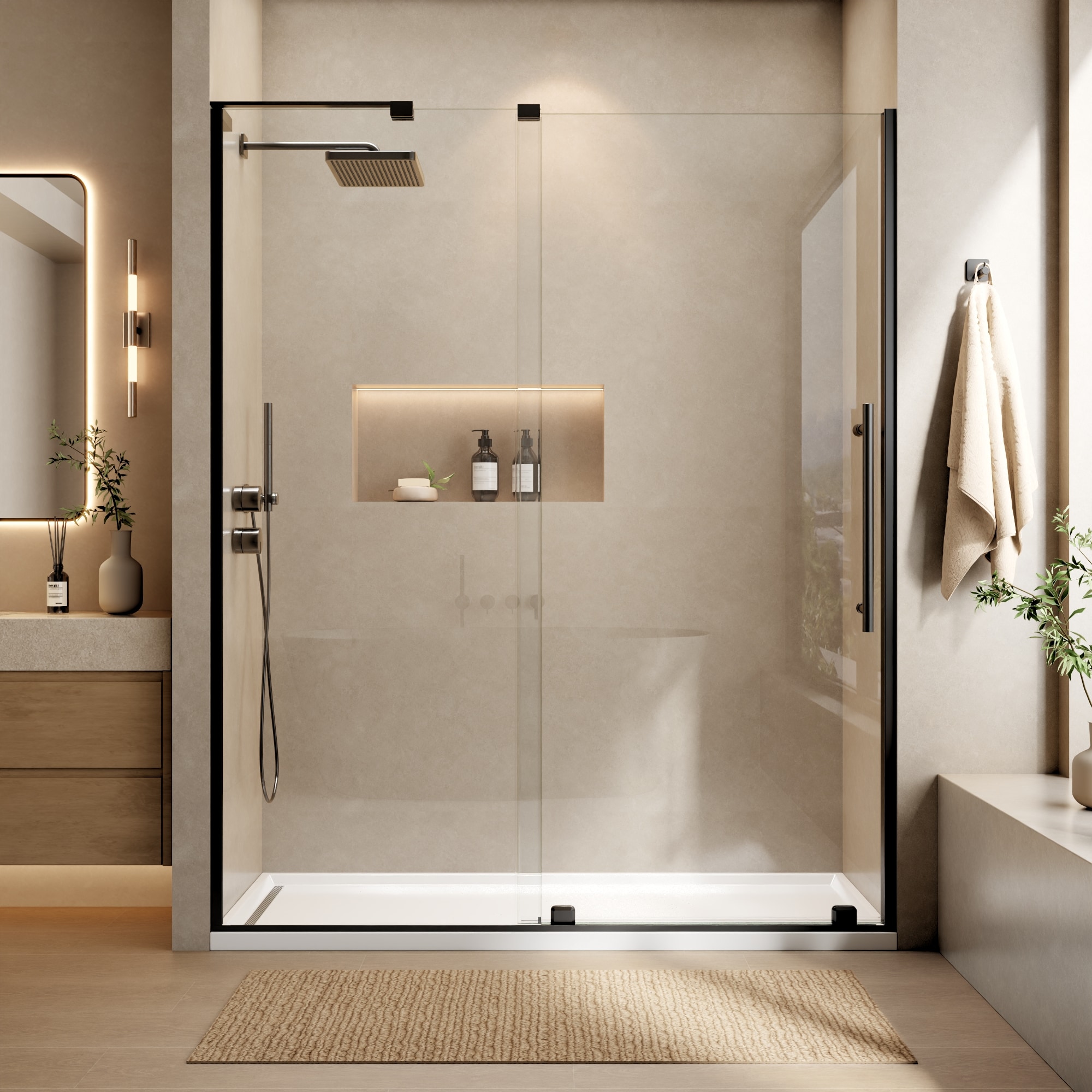 WELLFOR - HH Sliding Shower Door Matte Black 58-in to 60-in W x 72-in H Semi-frameless Clear Glas...