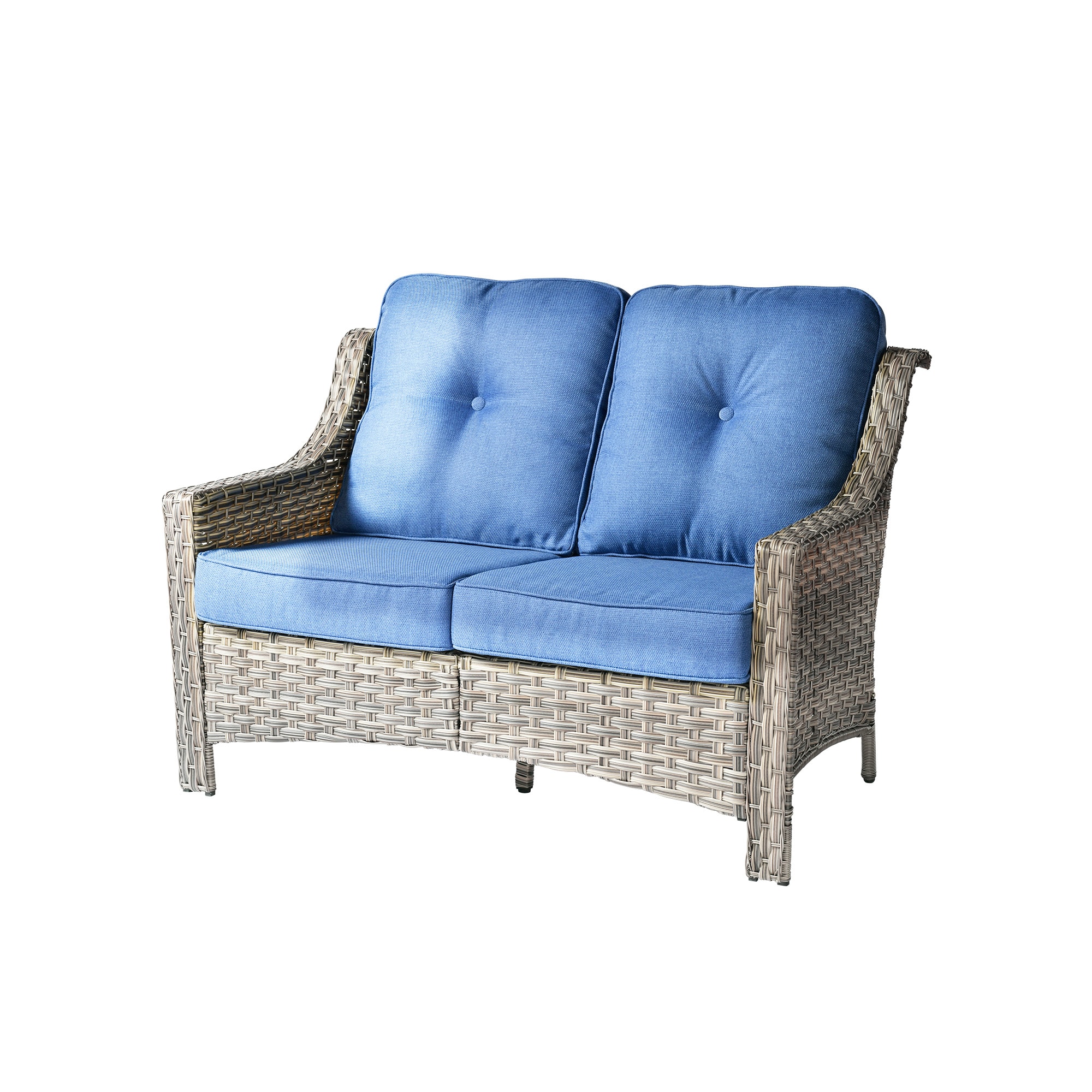 weaxty HMBPAD500-5 Aireno Rattan Outdoor Loveseat with Blue Cushions and Steel Frame