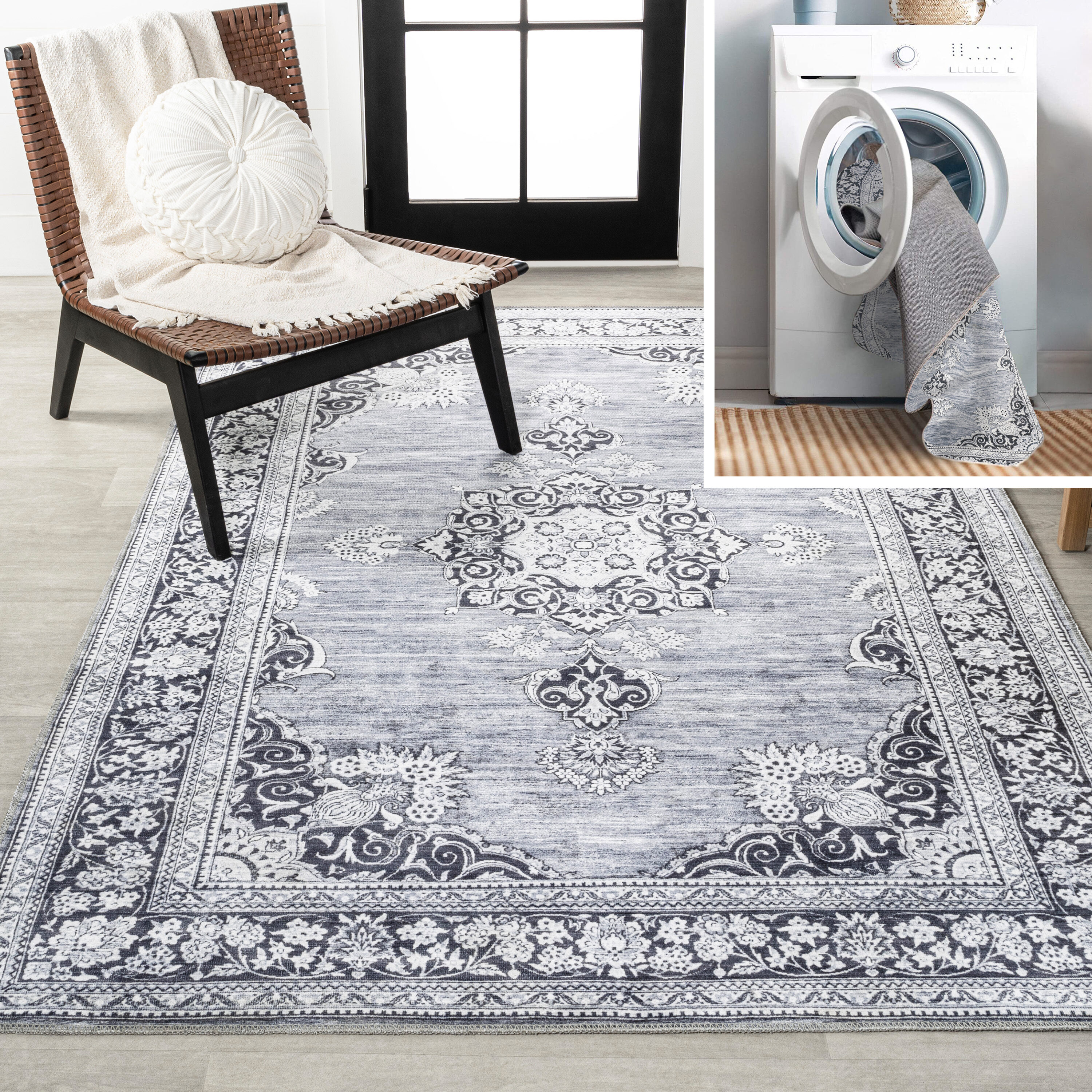 JONATHAN  Y WSH201A-4 WASHABLE Bausch Boehmian Distressed Chenille 4 x 6 (ft) Loomed Chenille Gray/White Rectangular Indoor Medallion Farmhouse/Cottage Machine washable Area rug