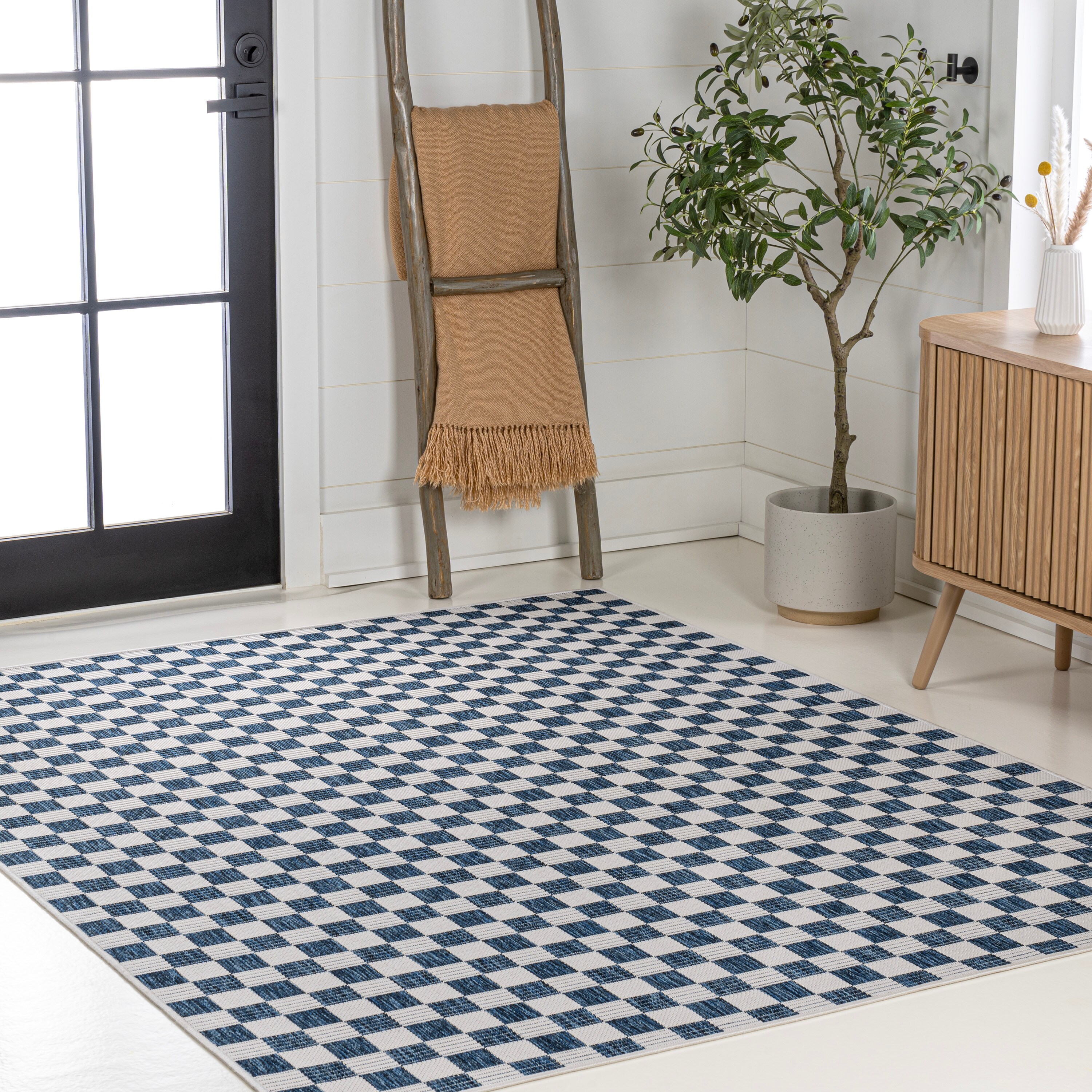 Aimee Navy and Cream Synthetic Checkerboard 3 x 5 Area Rug