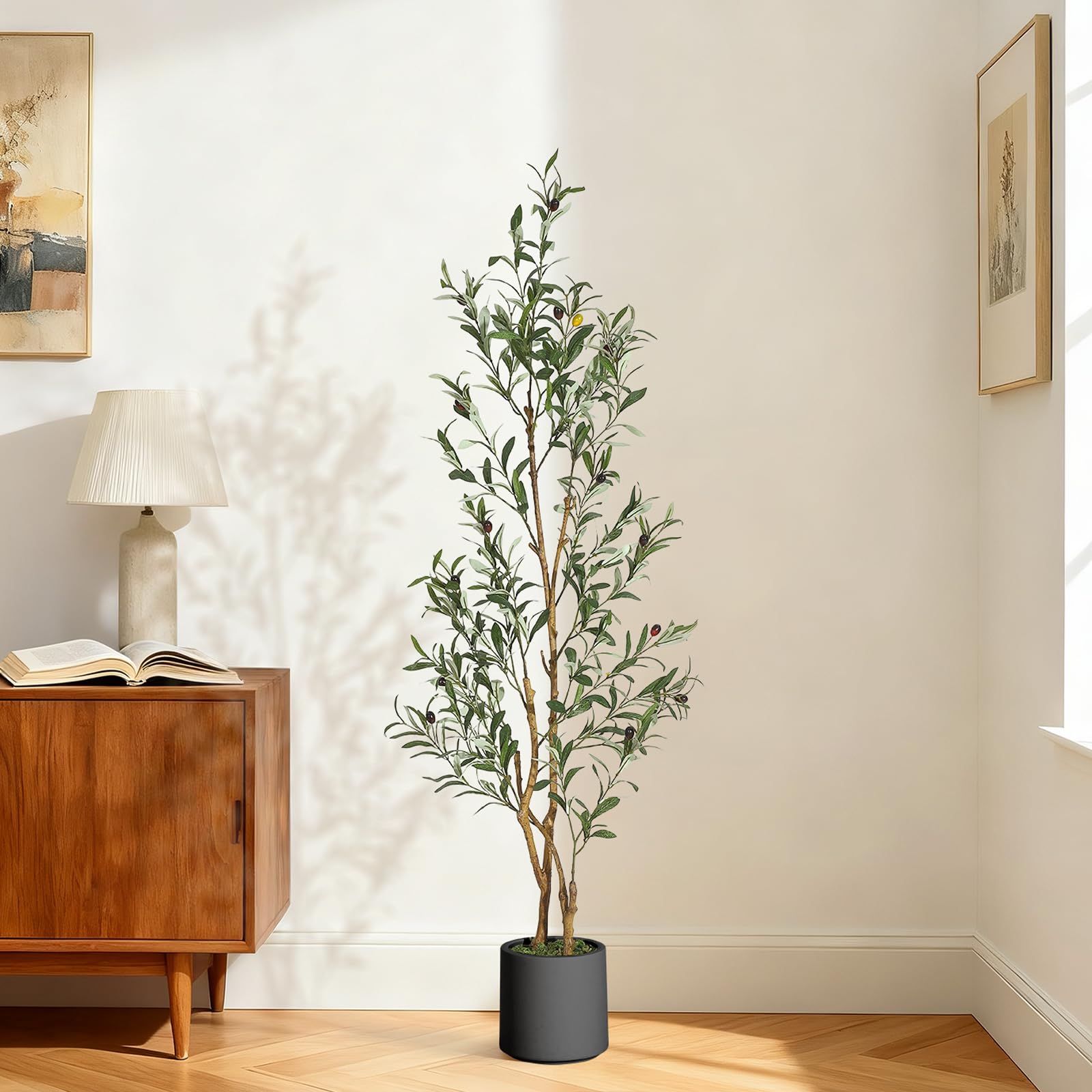 GarveeLife Olive Trees Artificial Indoor Faux Olive Tree with Black Planter and Green Fake Moss Artificial Plants with Natural Wood Trunk and Lifelike Fruits for Home Office Decor