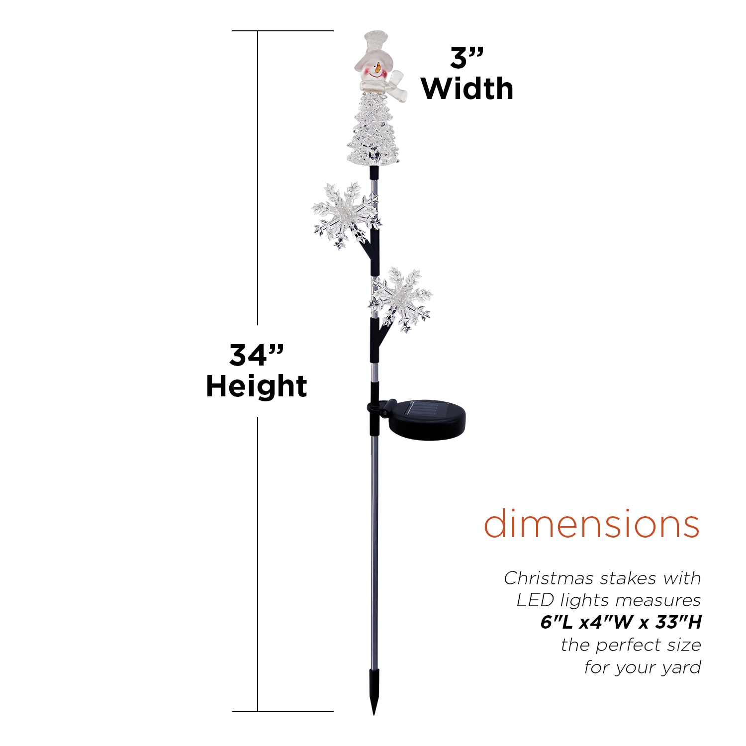 Solar Snowflake and Snowman LED Lawn Stake, 34-Inch, Multicolor Plastic