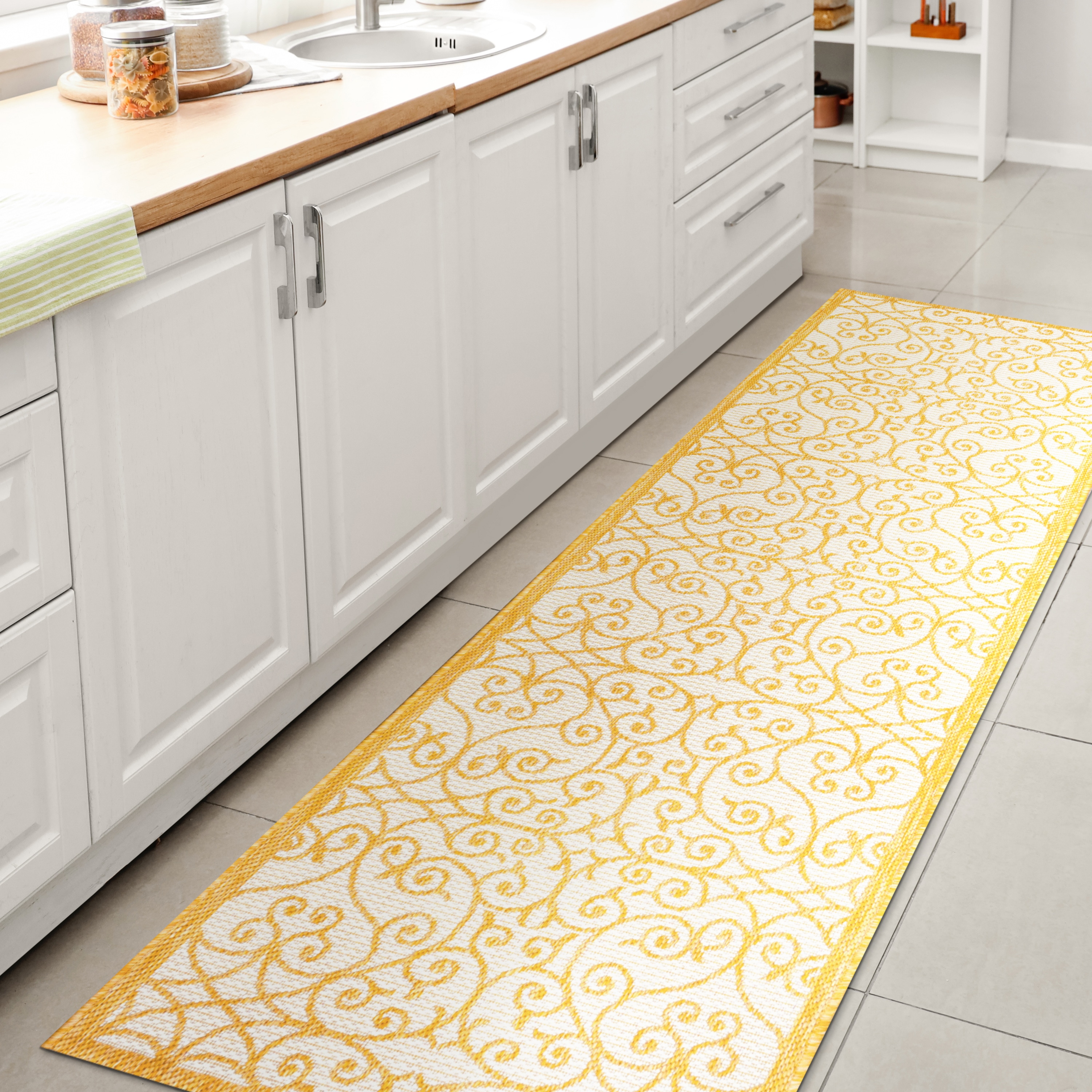 JONATHAN  Y SMB107D-210 Santa Monica Madrid Filigree Textured Weave 2 x 10 (ft) Loomed Polypropylene Cream/Yellow Rectangular Indoor/Outdoor Border French Country Runner rug