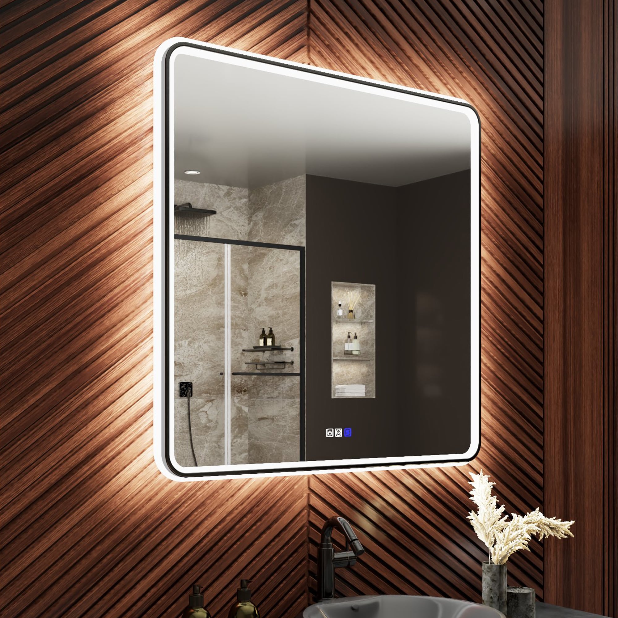 AAZJ DR-P296175 V8 Ultra-Bright LED Mirror 36-in x 36-in Beveled Square Dimmable LED Lighted Fog Free Bathroom Vanity Mirror ( Matte Black )