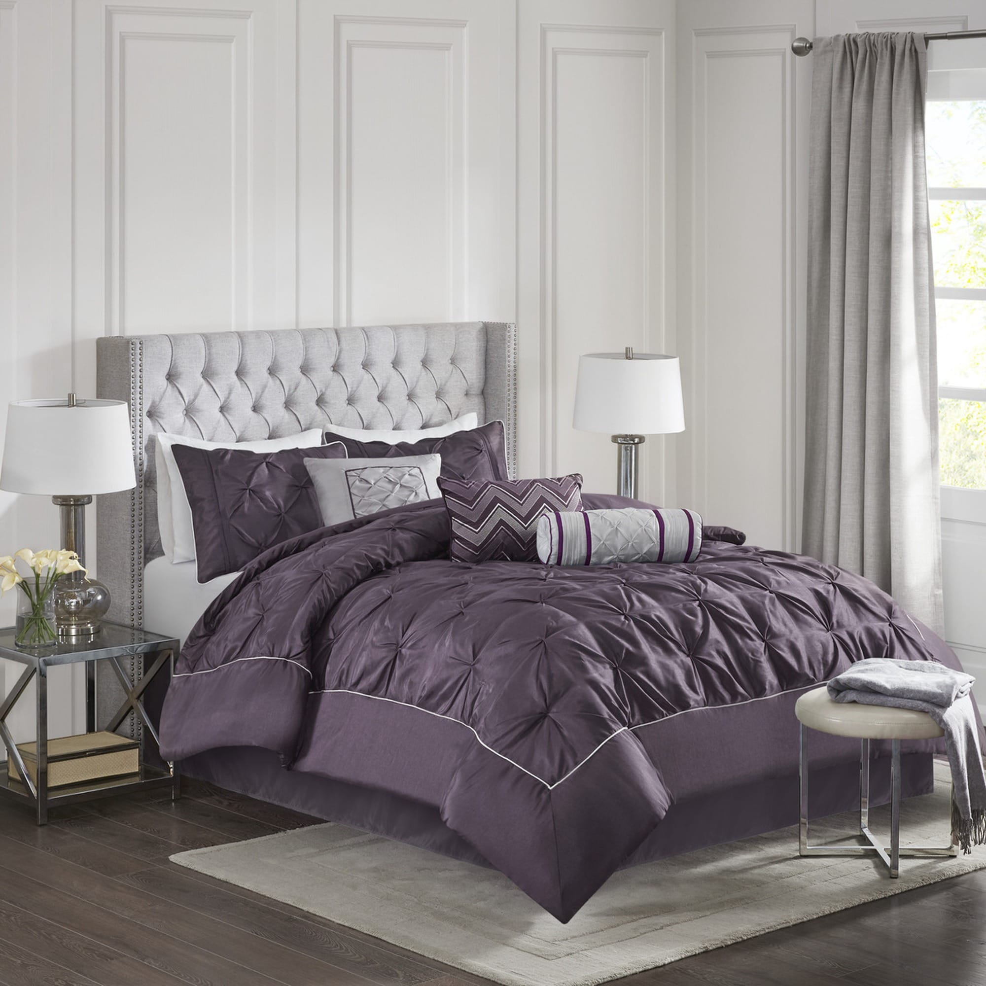 HyperDrop Cart Full Plum Grade A 7-Piece Tufted Comforter Set - Heavy-Duty Washable Fabric for Guest Room