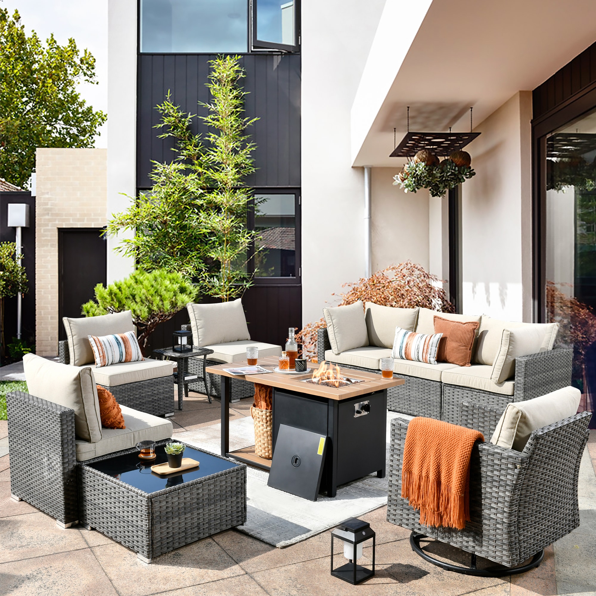 XIZZI XIHOPS605-RC1DFP Sunrise 10-Piece Rattan Patio Sofa Conversation Set with Off-white Cushions