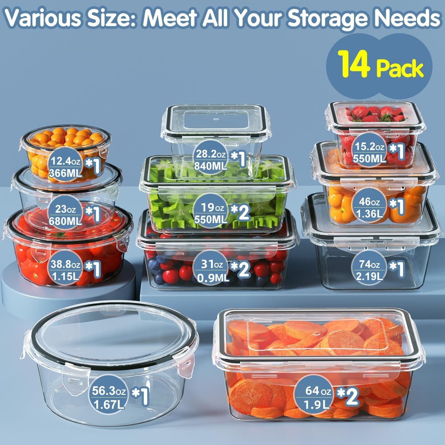 Etokfoks 28 Piece Airtight Leak Proof BPA Free Food Storage Containers ...