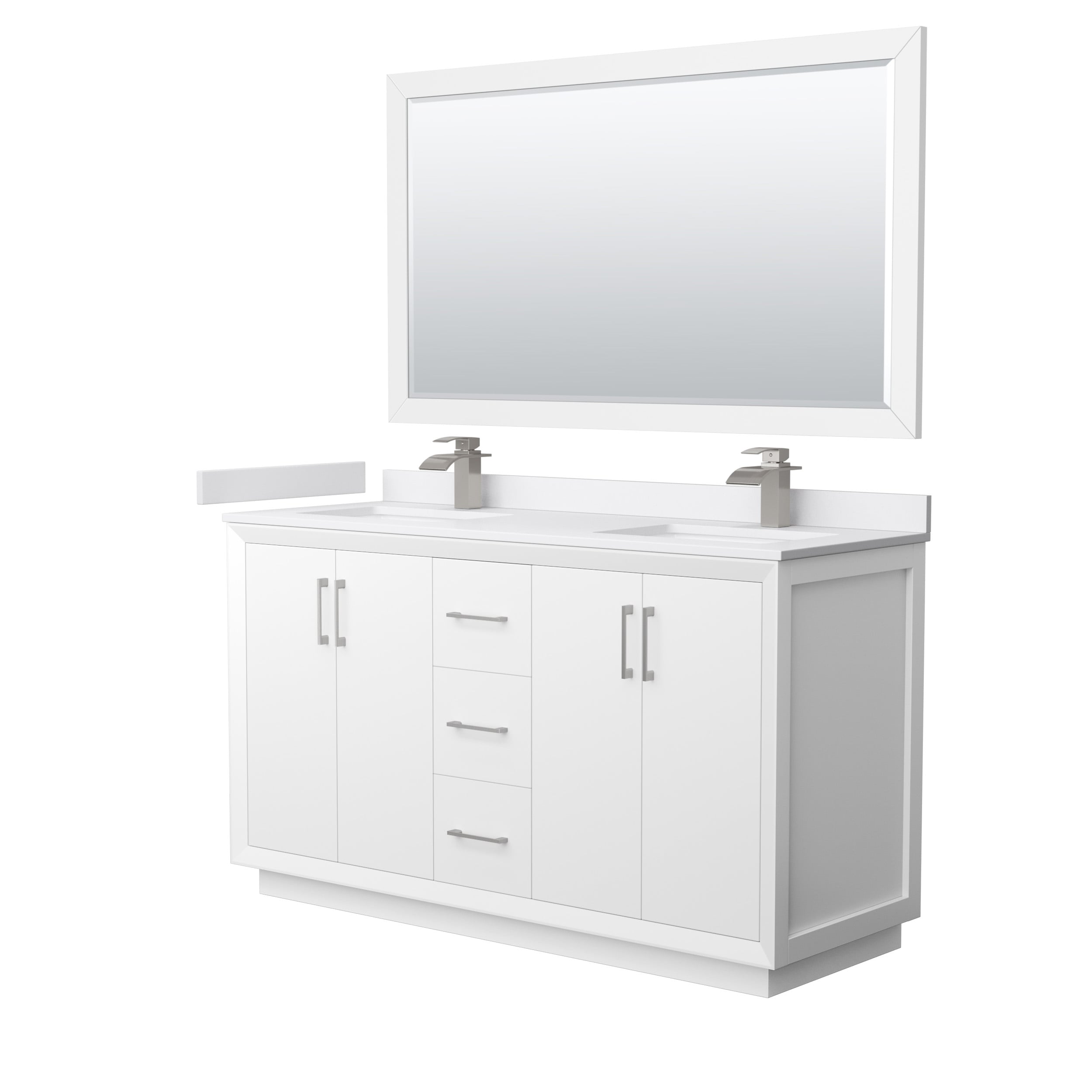 Wyndham Collection WCF414160DWHWCUNSM58 Strada 60-in White with Brushed Nickel Trim Undermount Double sink Bathroom Vanity with White cultured marble Cultured marble Top (Mirror Included)