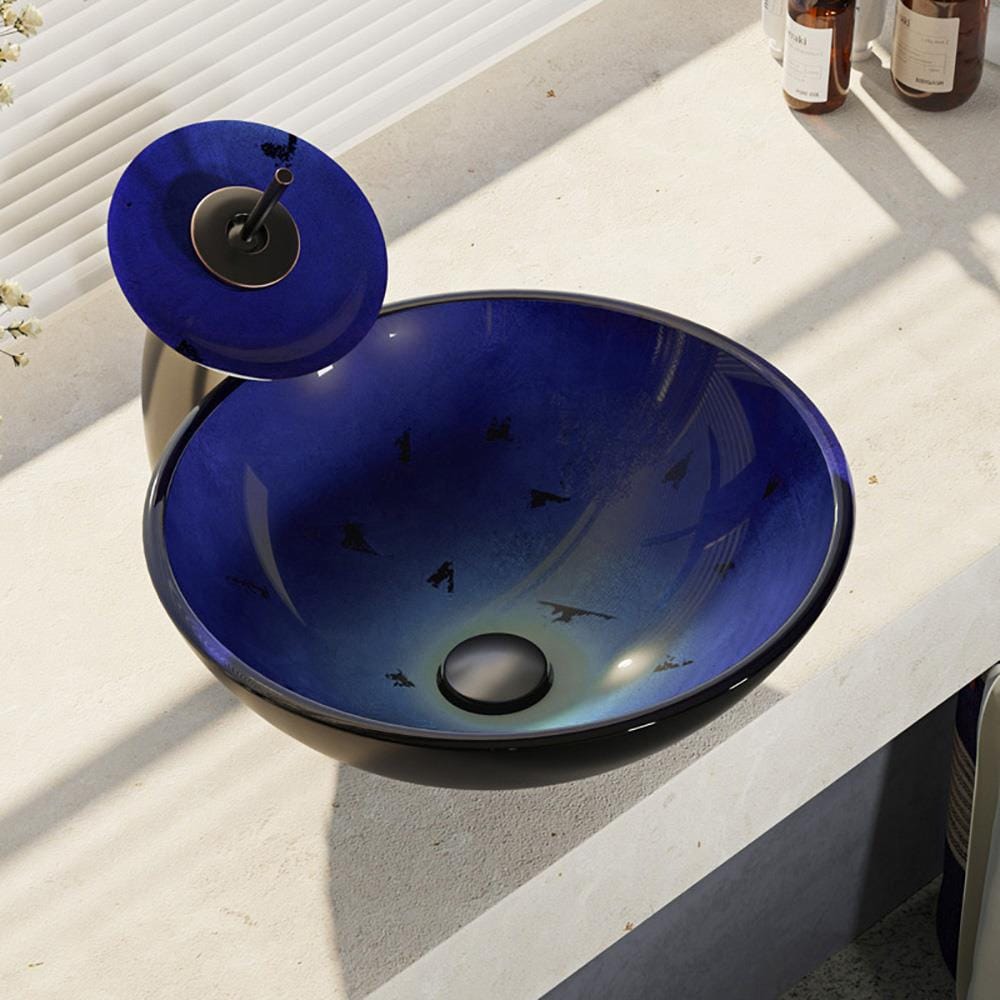 Rene R5-5008-WF-ABR Gradient Blue Tempered Glass Vessel Round Modern Bathroom Sink with Faucet and Drain Included (16.5-in x 16.5-in)