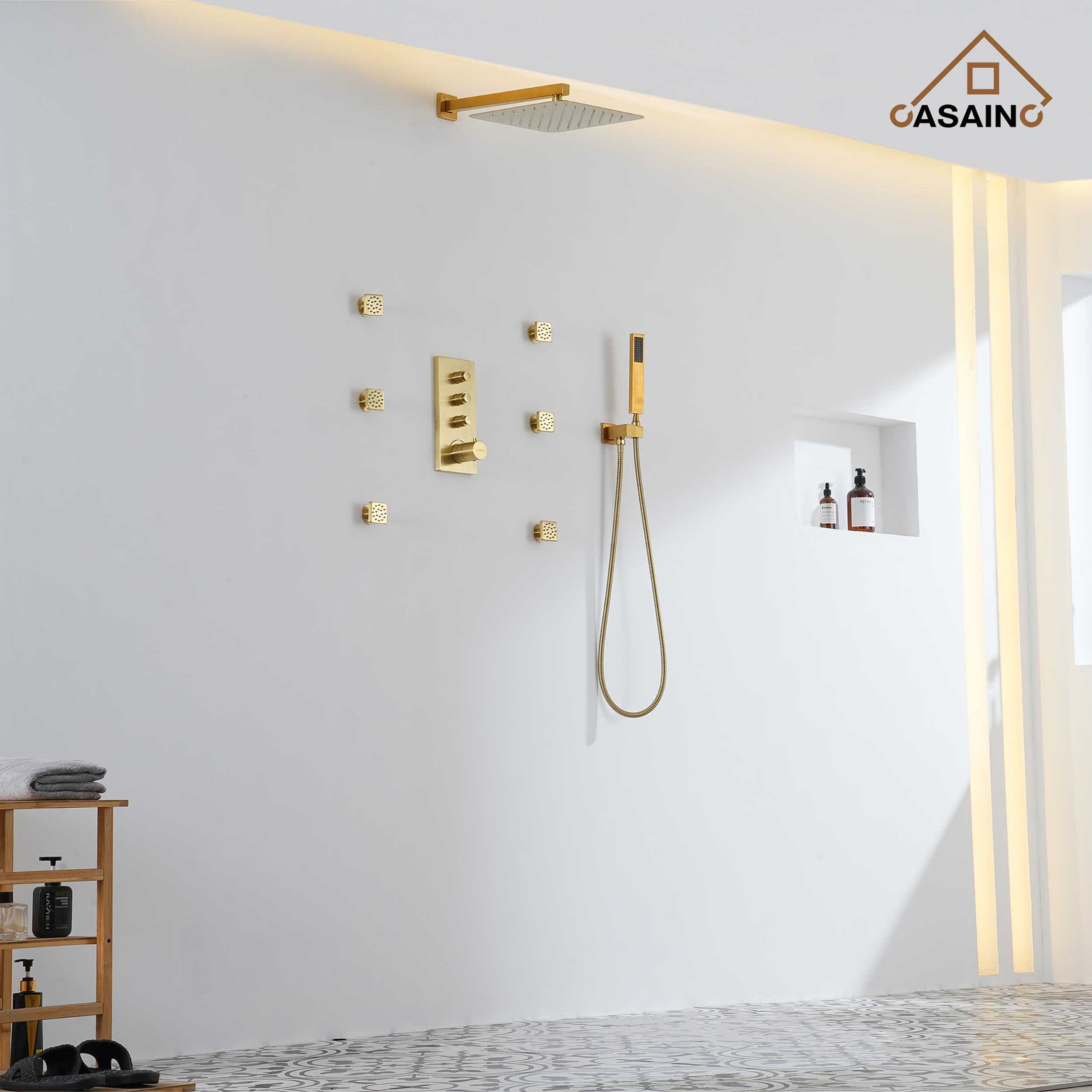 Brushed Gold Wall Mounted Thermostatic Shower System with Body Jets